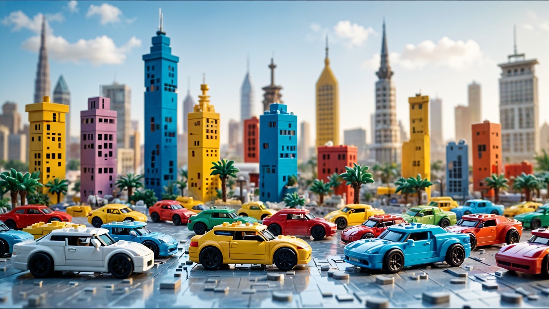 Colorful LEGO Cityscape with Skyscrapers and Cars