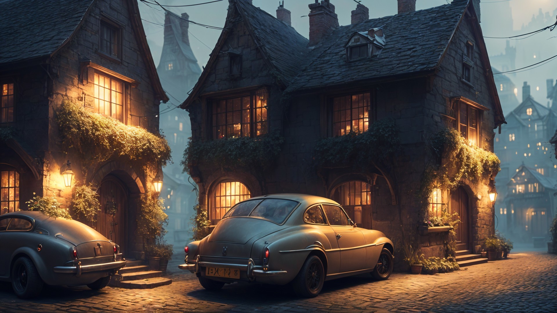 Charming Cobblestone Street with Vintage Houses and Cars