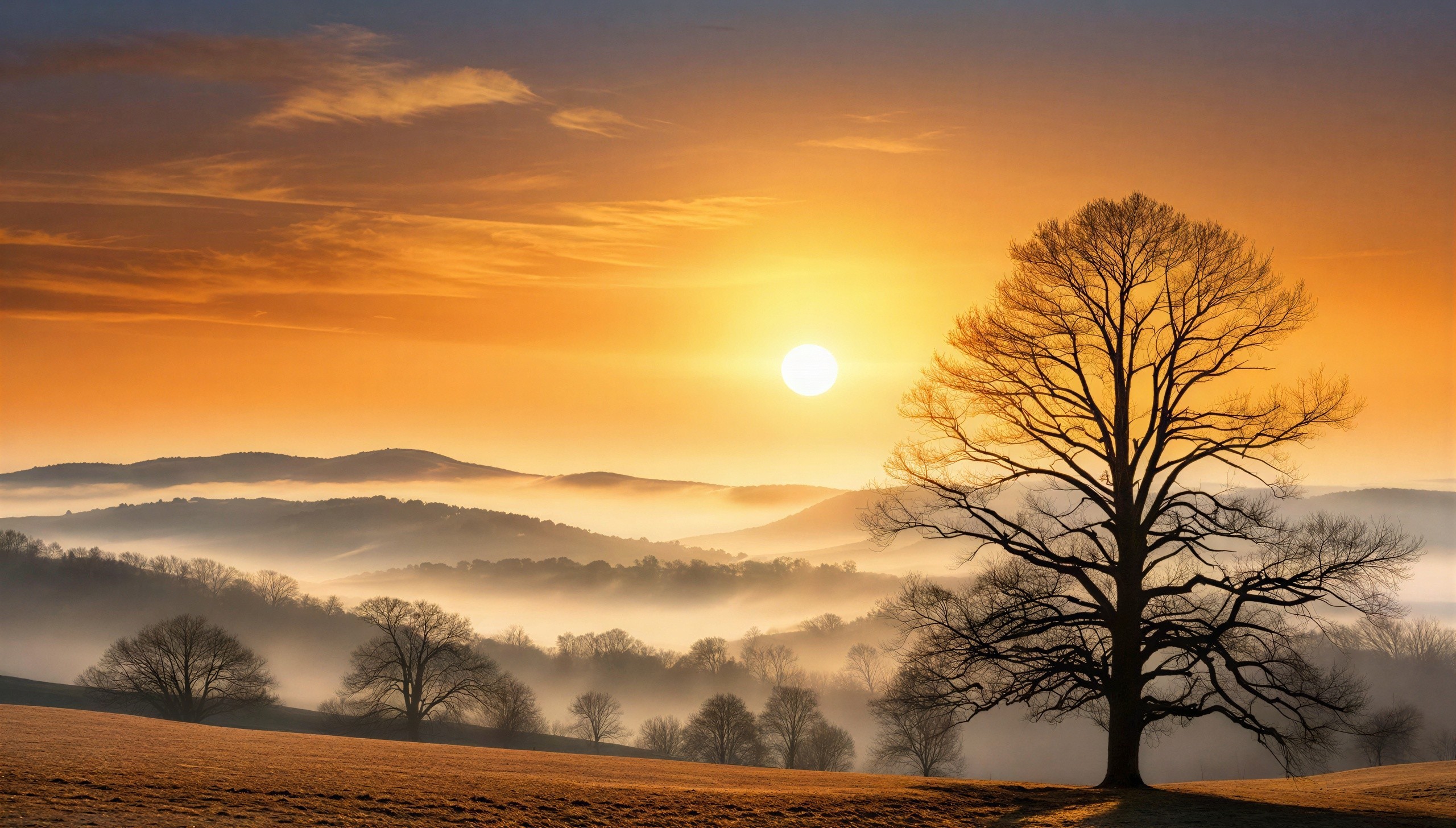 Epic Sunset Over Foggy Mountain Valley with Tree
