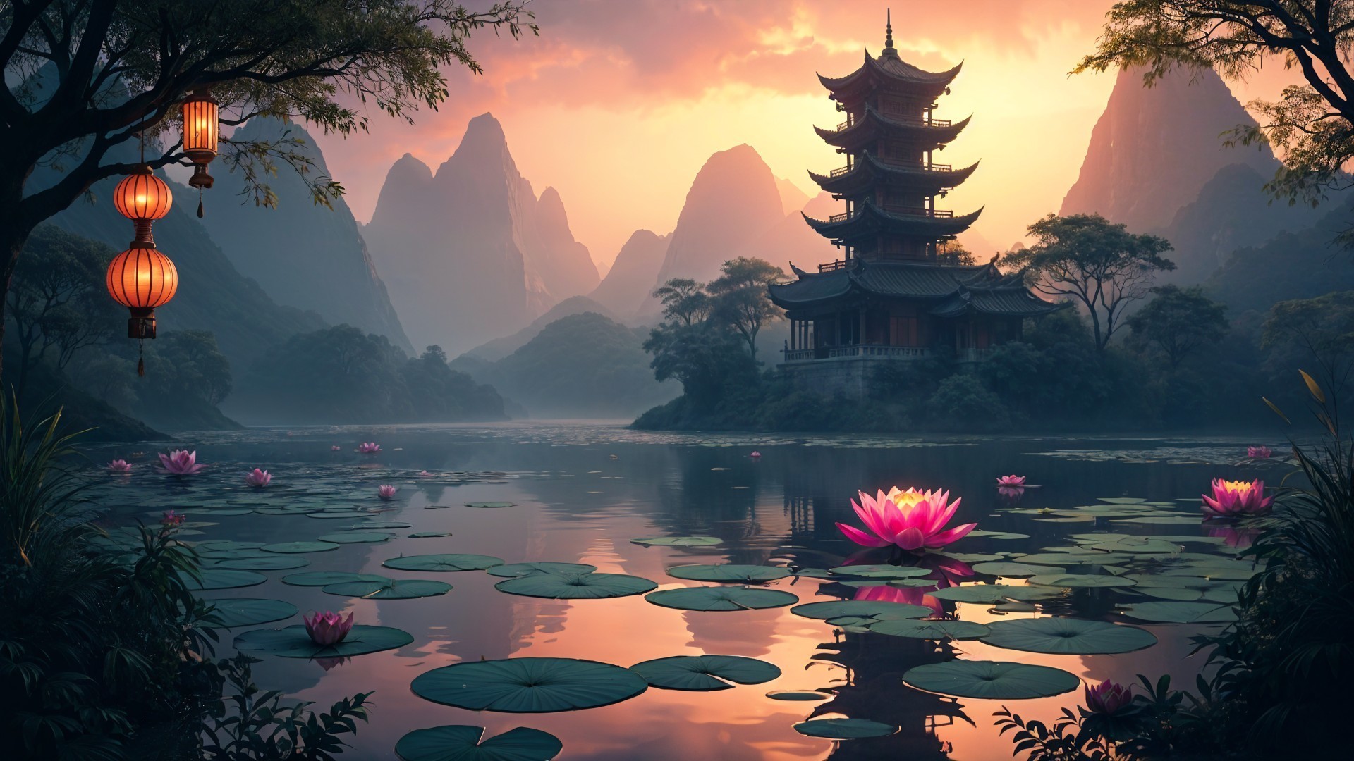 Serene Pagoda Landscape by Tranquil Lake at Sunset