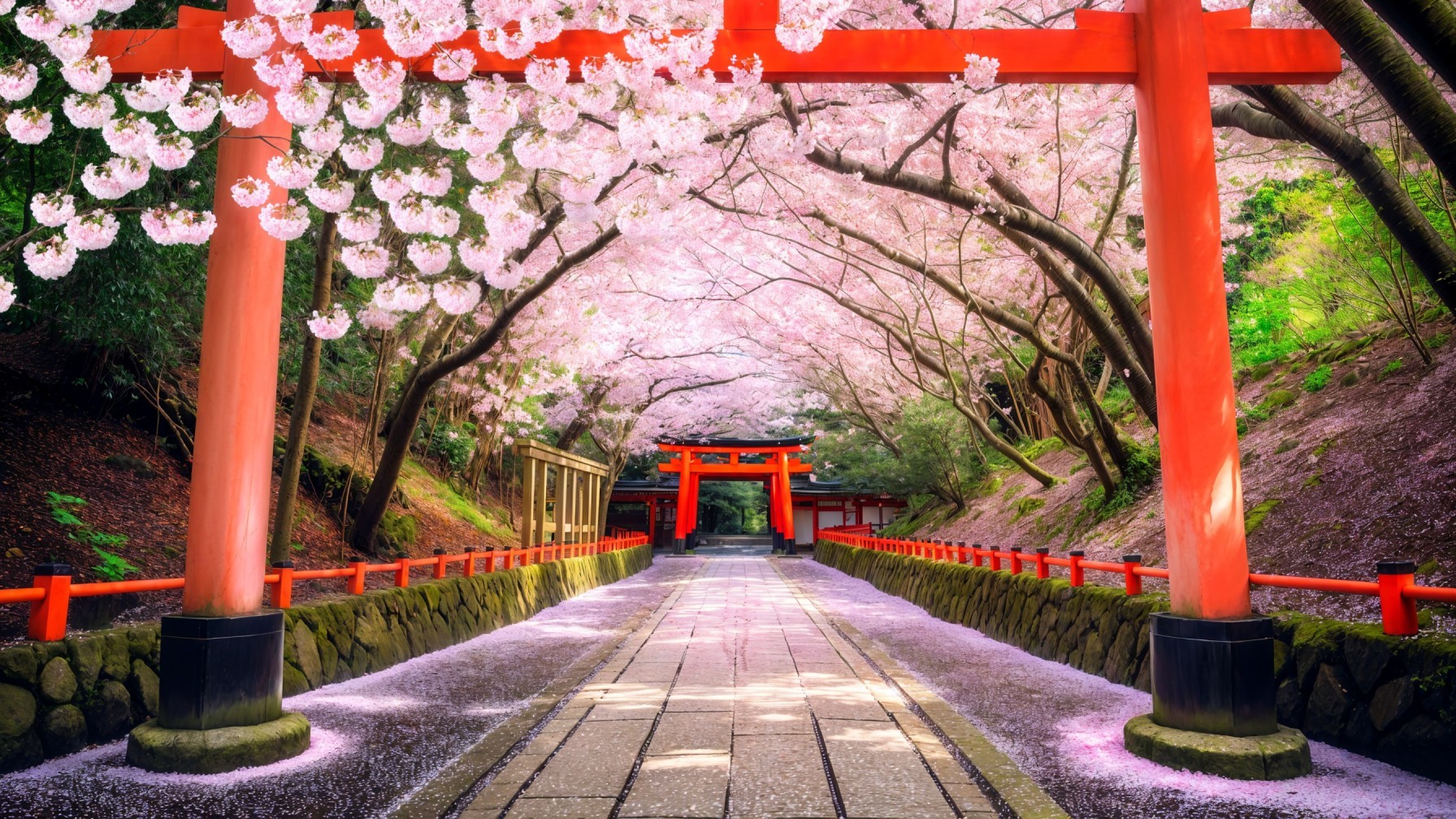 Pathway with Red Torii Gates in Cherry Blossom Grove