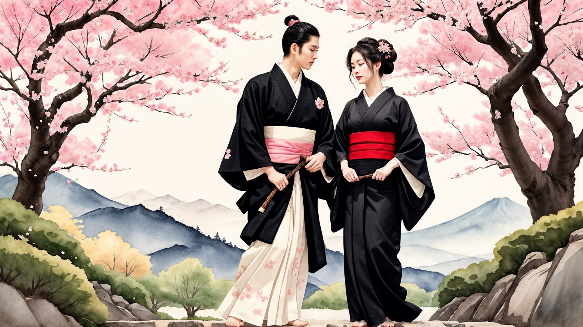 Young Couple in Traditional Attire Among Cherry Blossoms
