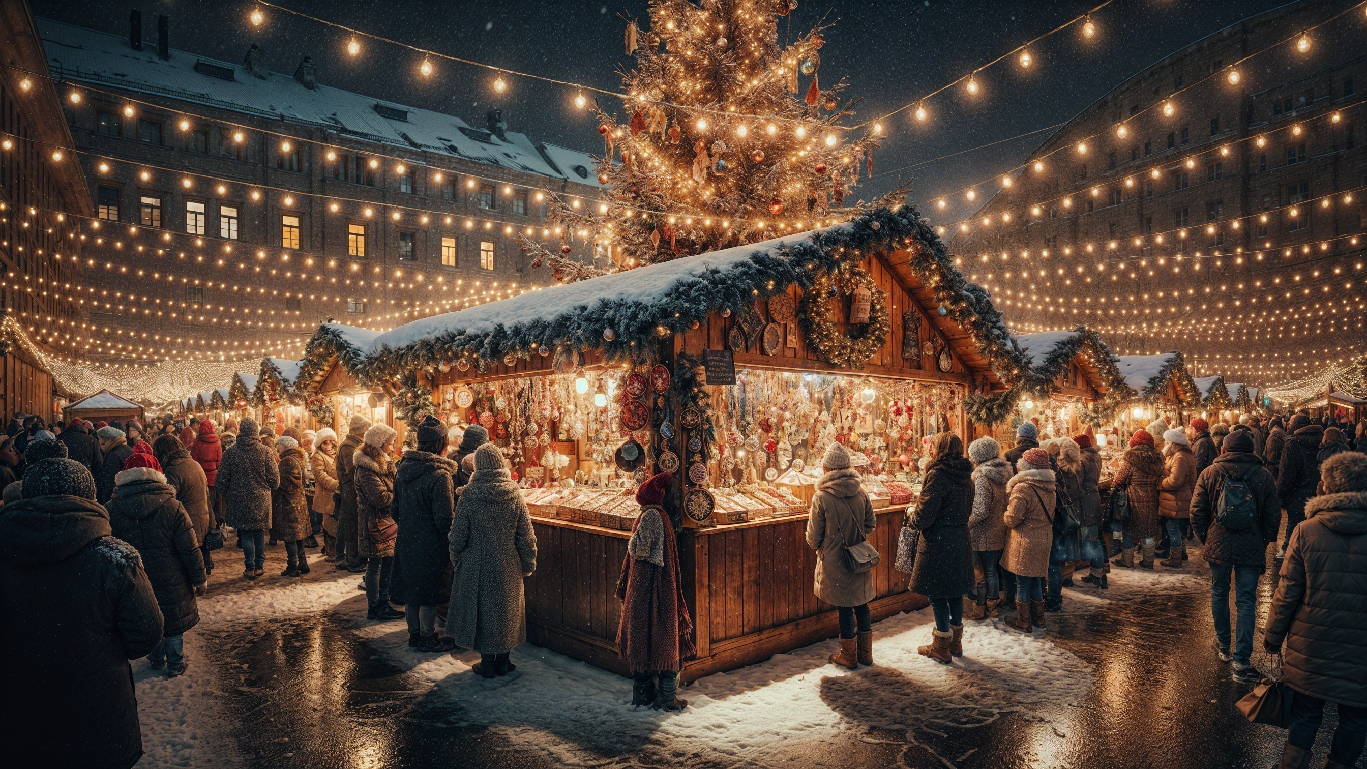 Festive Winter Scene of a Christmas Market at Night