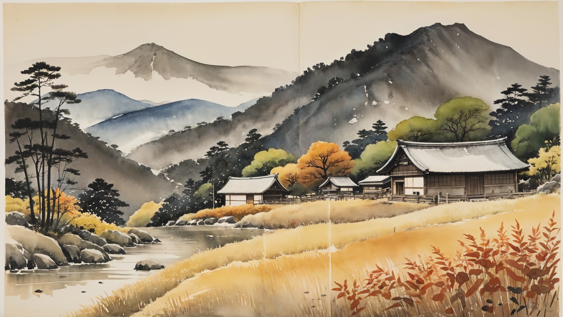 Serene Landscape with River and Autumn Foliage