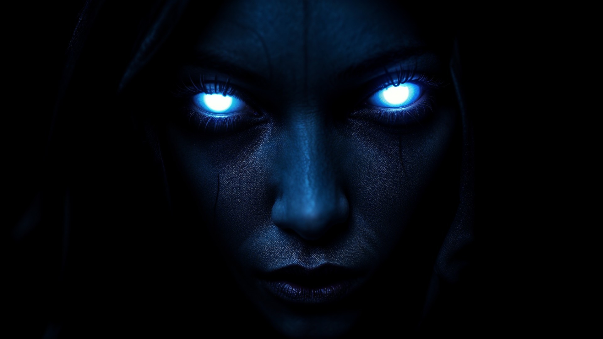 Mysterious Figure with Glowing Blue Eyes in Shadows