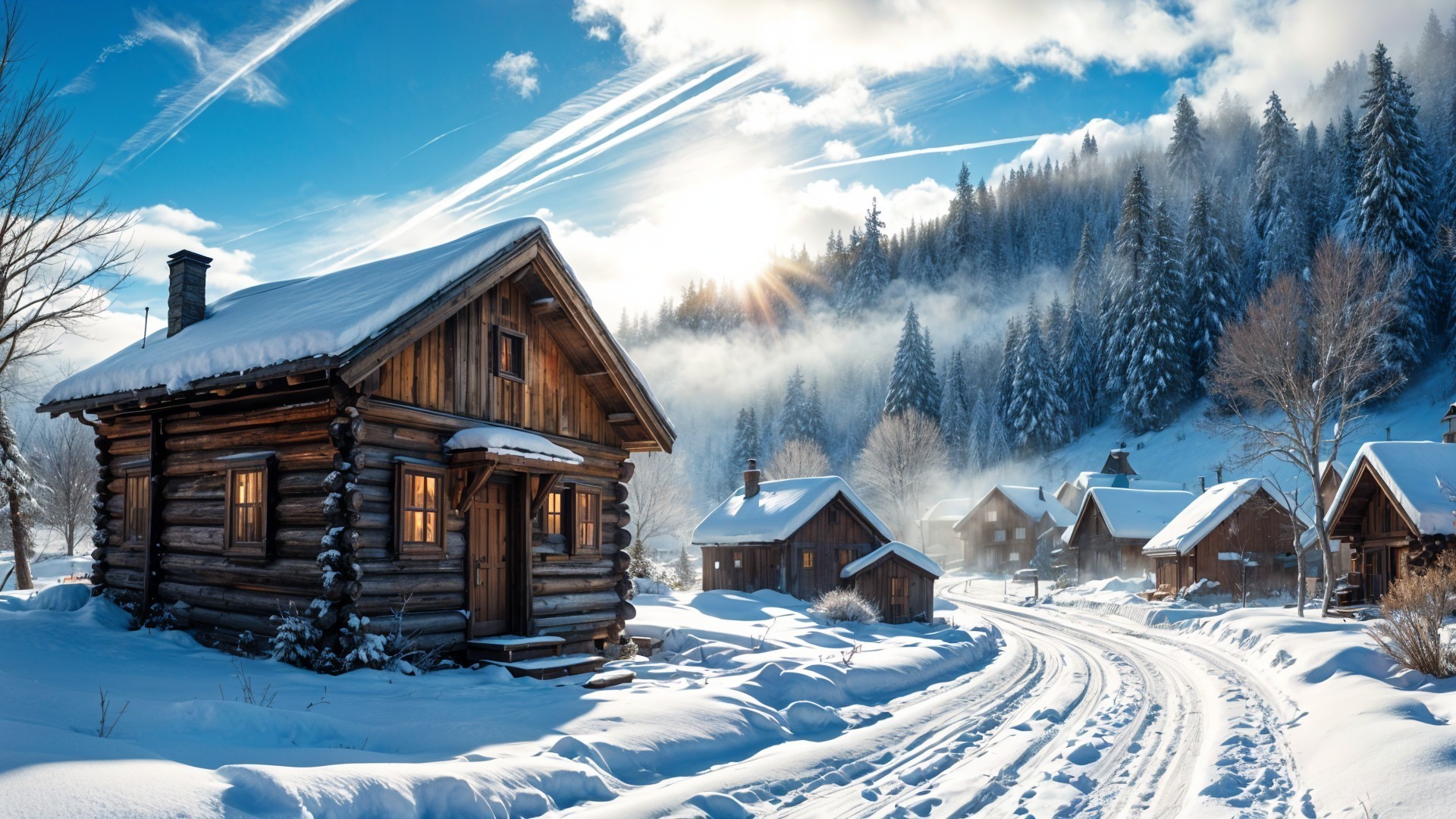 Charming Winter Scene with Snow-Covered Cabins