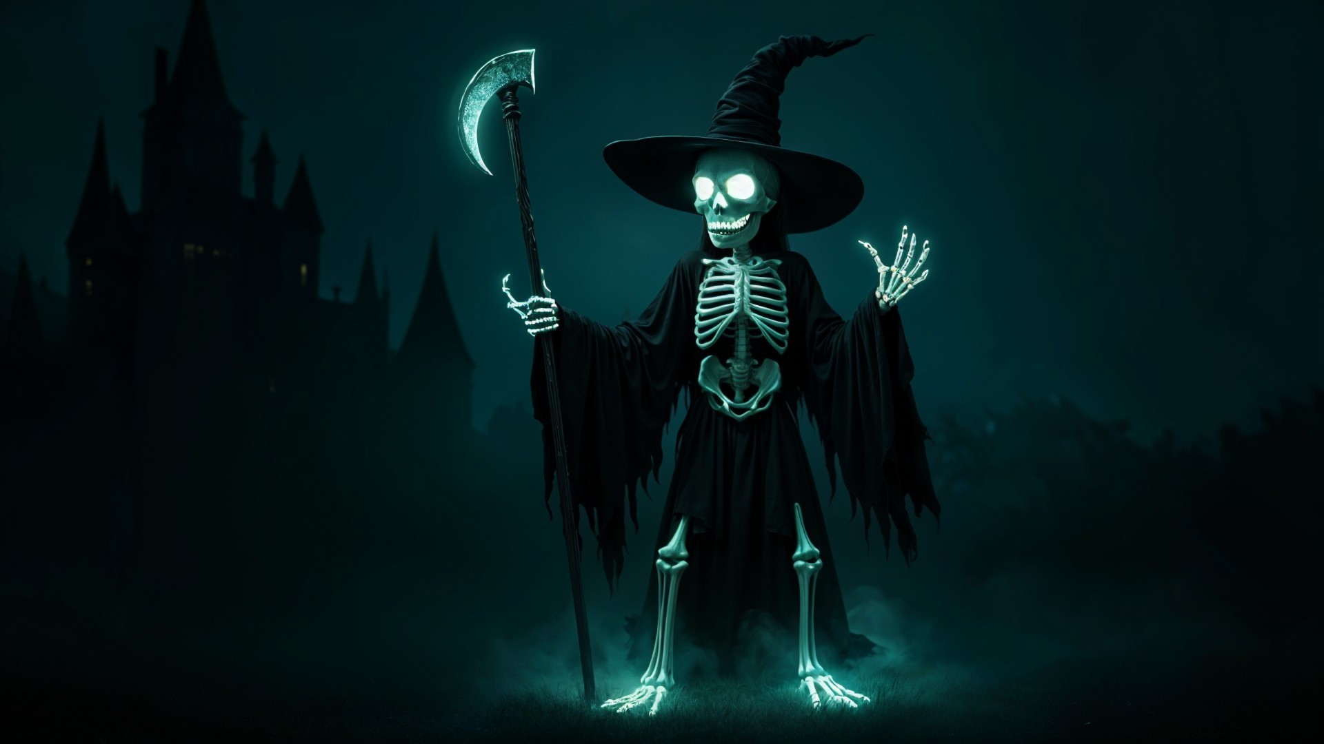 Glowing Skeleton Witch in Dark Misty Landscape