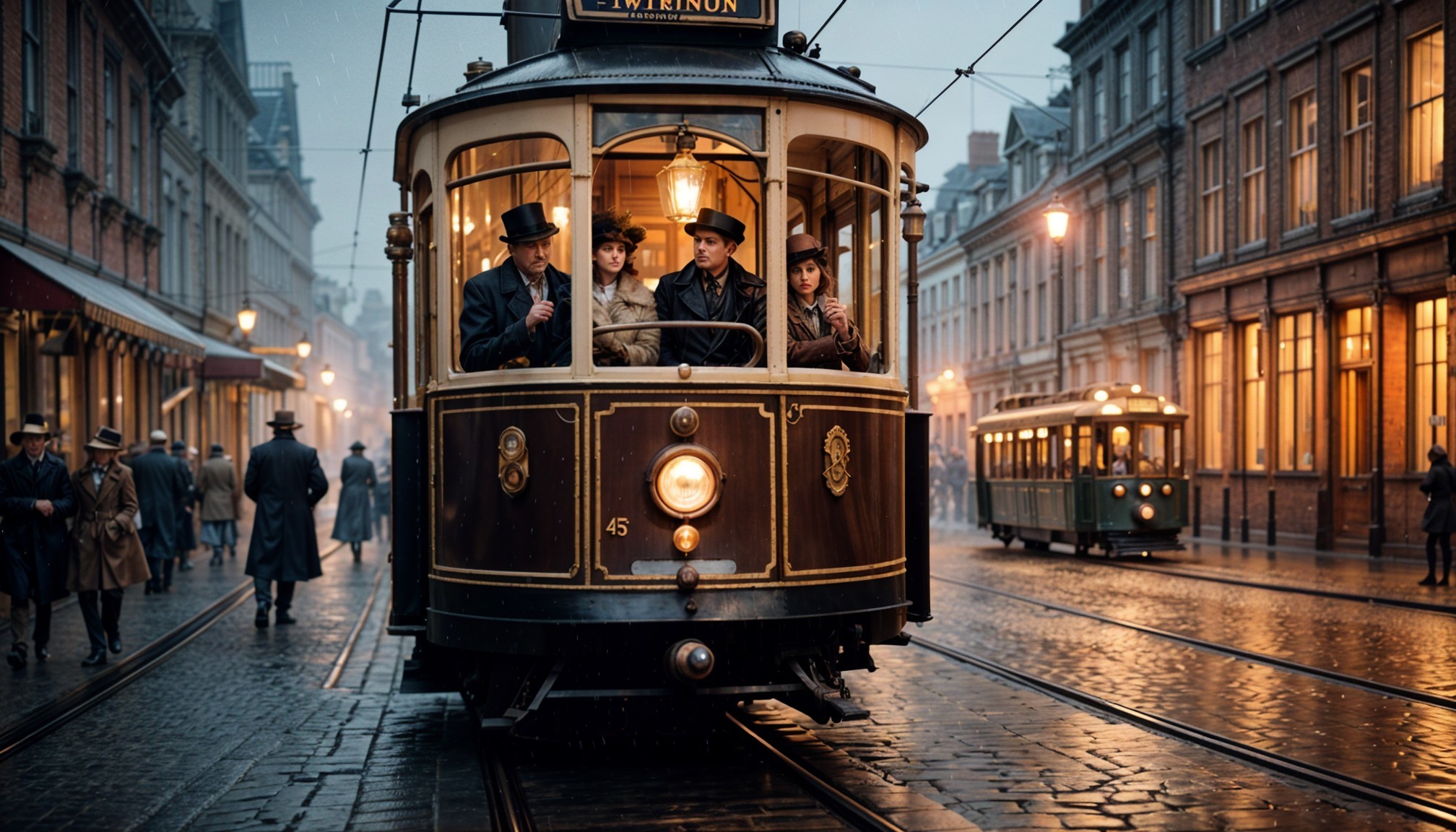 Vintage Tram in Nostalgic Early 20th-Century Setting
