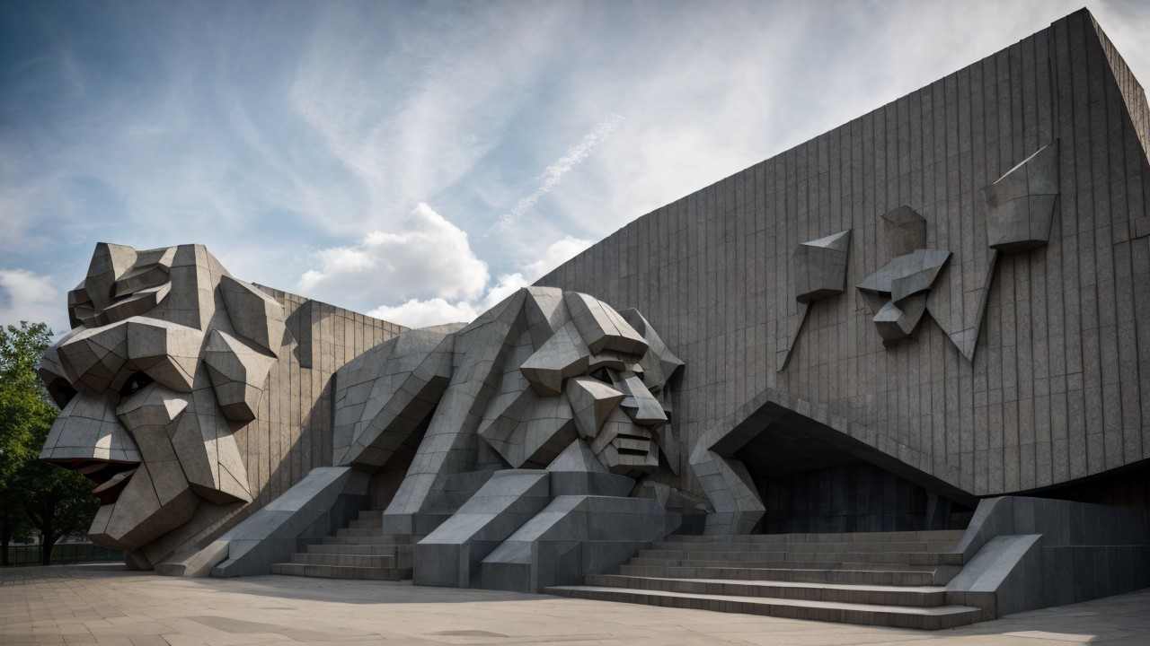 Monumental structure with stylized lion heads in stone