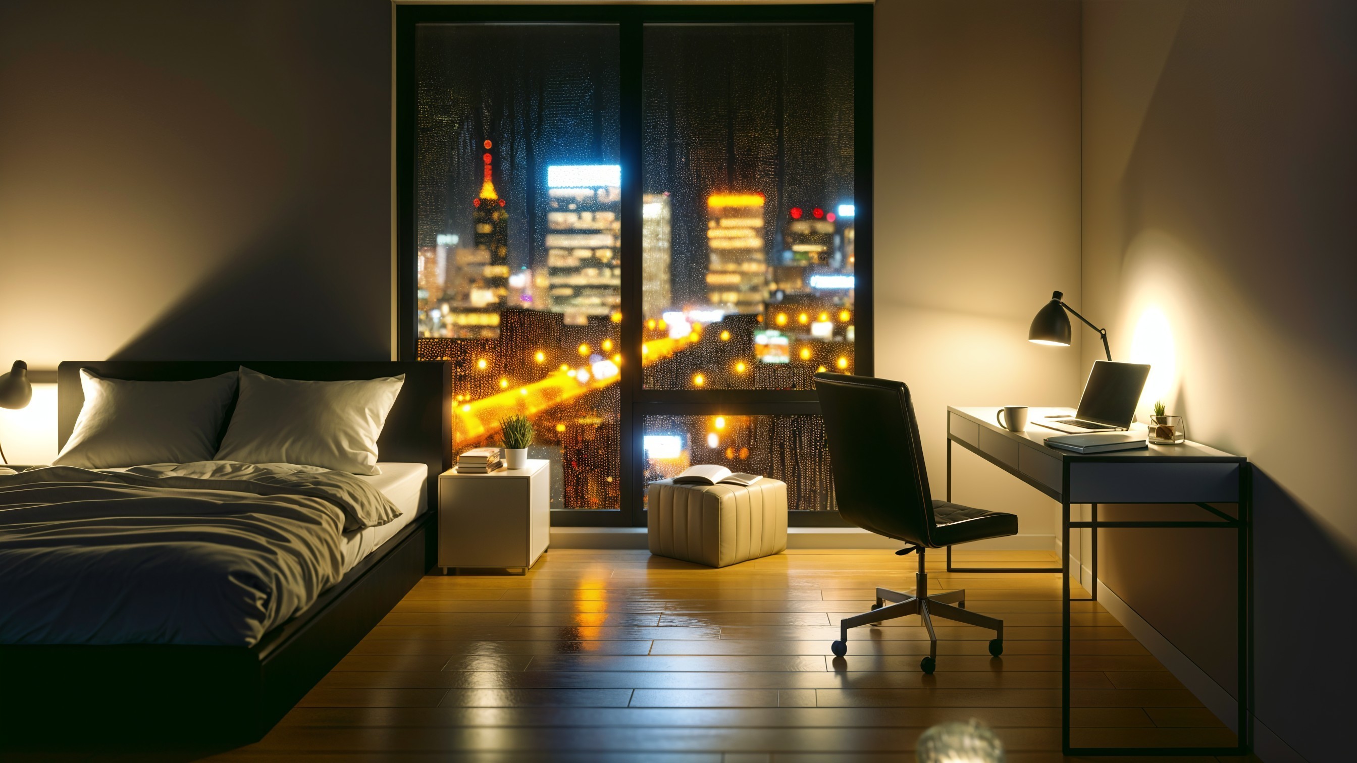 Cozy bedroom with city skyline view and warm lighting
