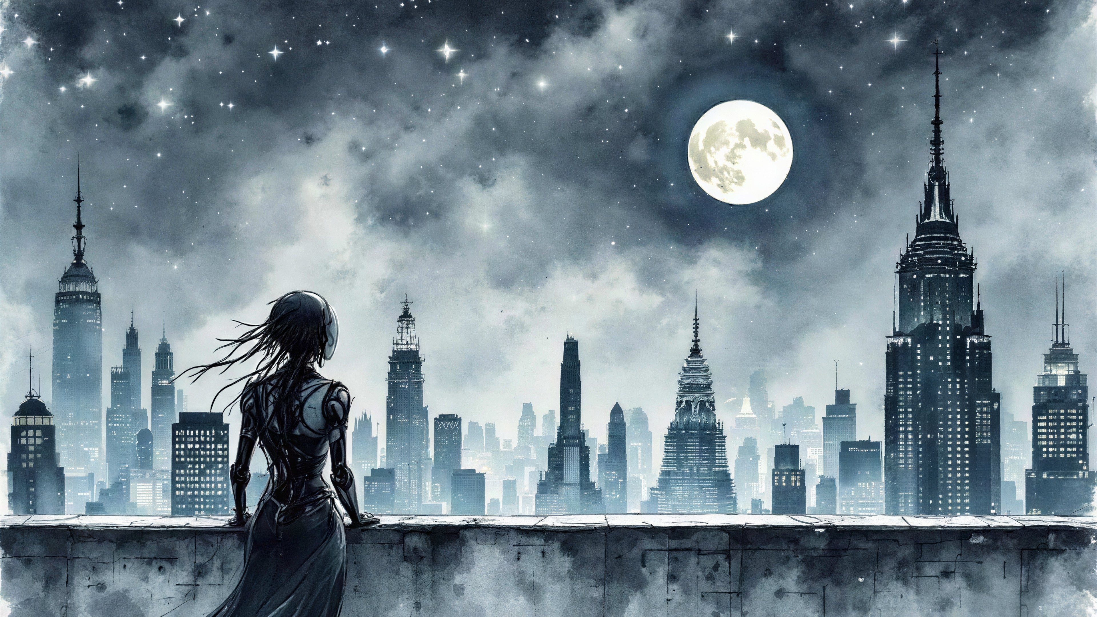 Dystopian Cyborg Anime Girl in Futuristic Cityscape