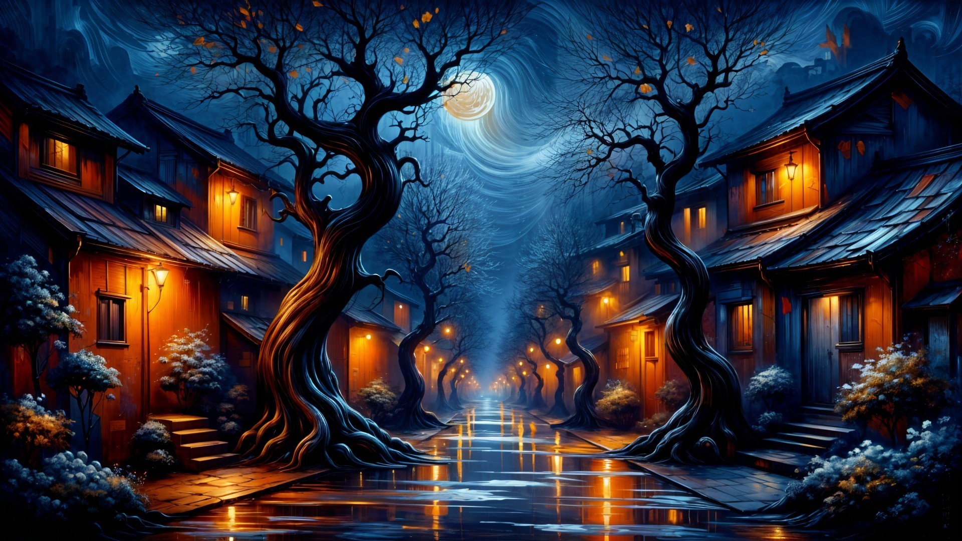 Moonlit Street with Eerie Houses and Barren Trees