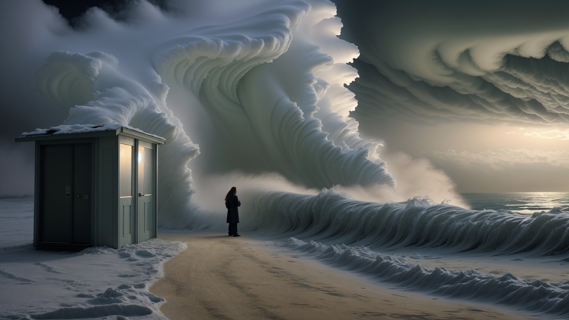 Solitary Figure Observes Stormy Waves and Clouds