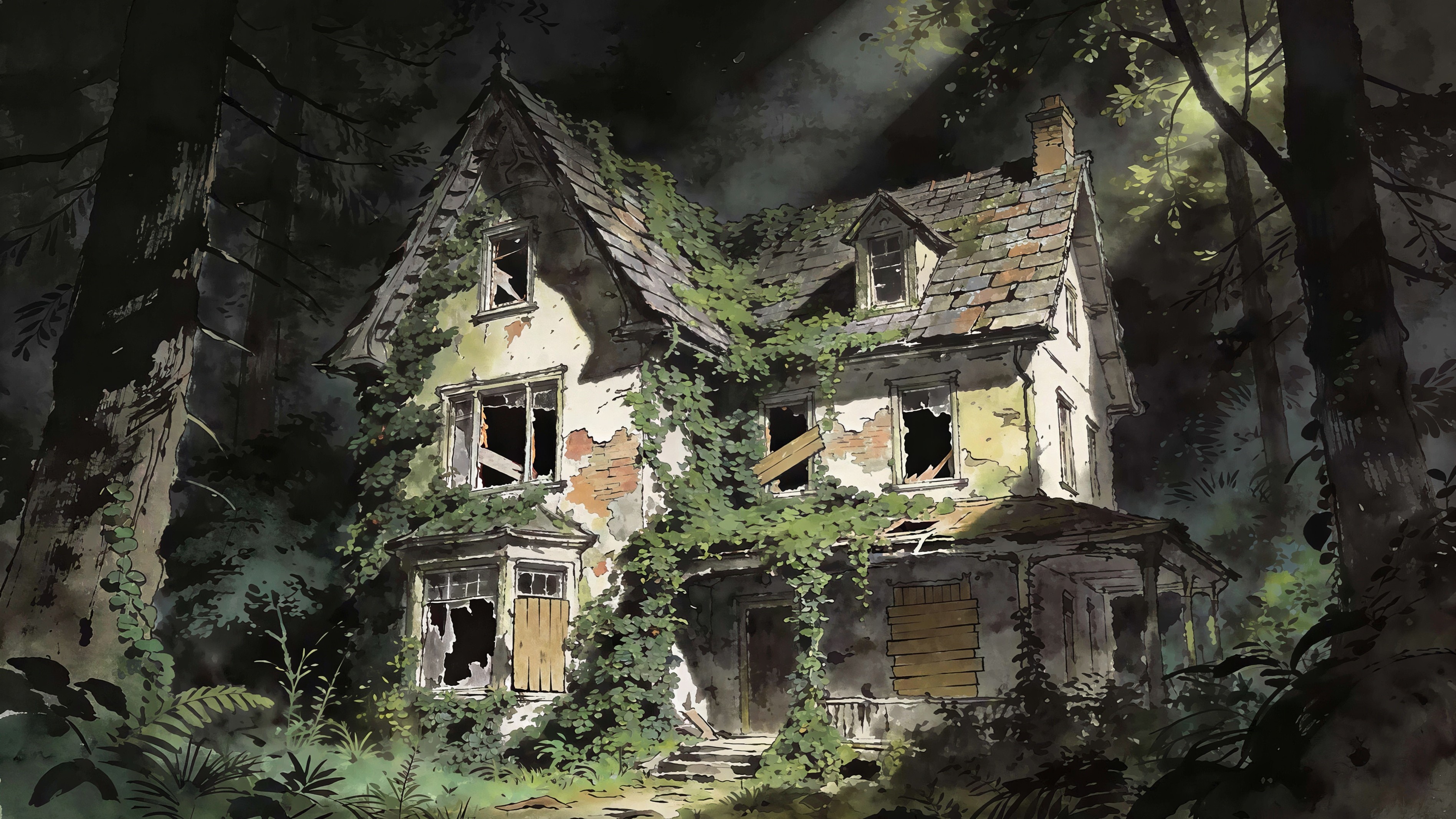 Derelict 19th-Century Victorian House in Forest Clearing