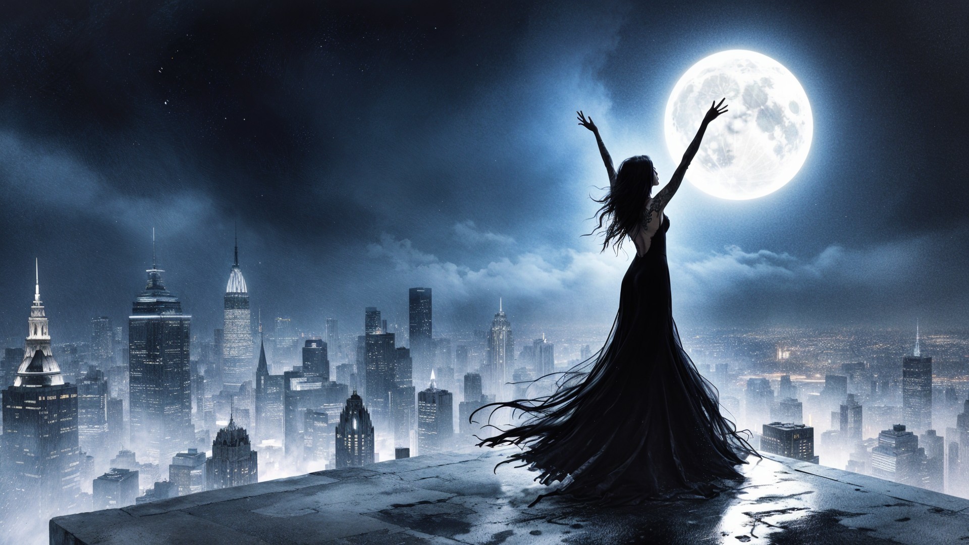 Silhouette in Black Dress Against City Skyline and Moon