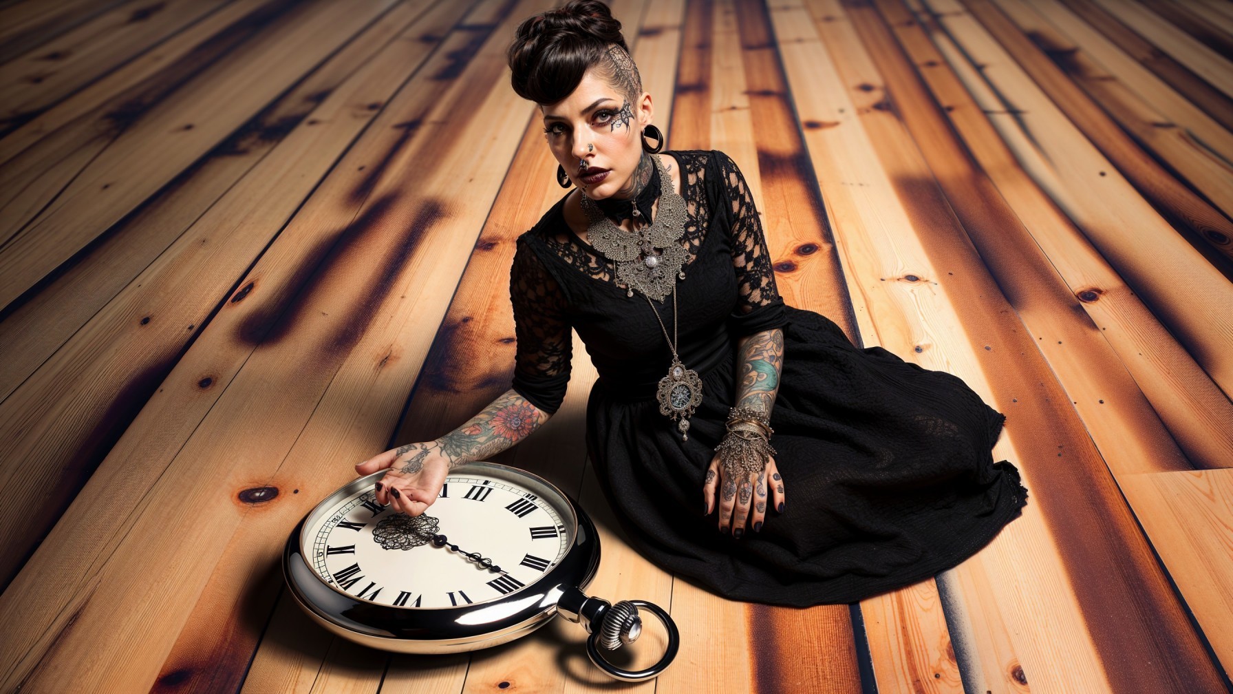 Elegant Figure in Black Lace Dress with Vintage Clock