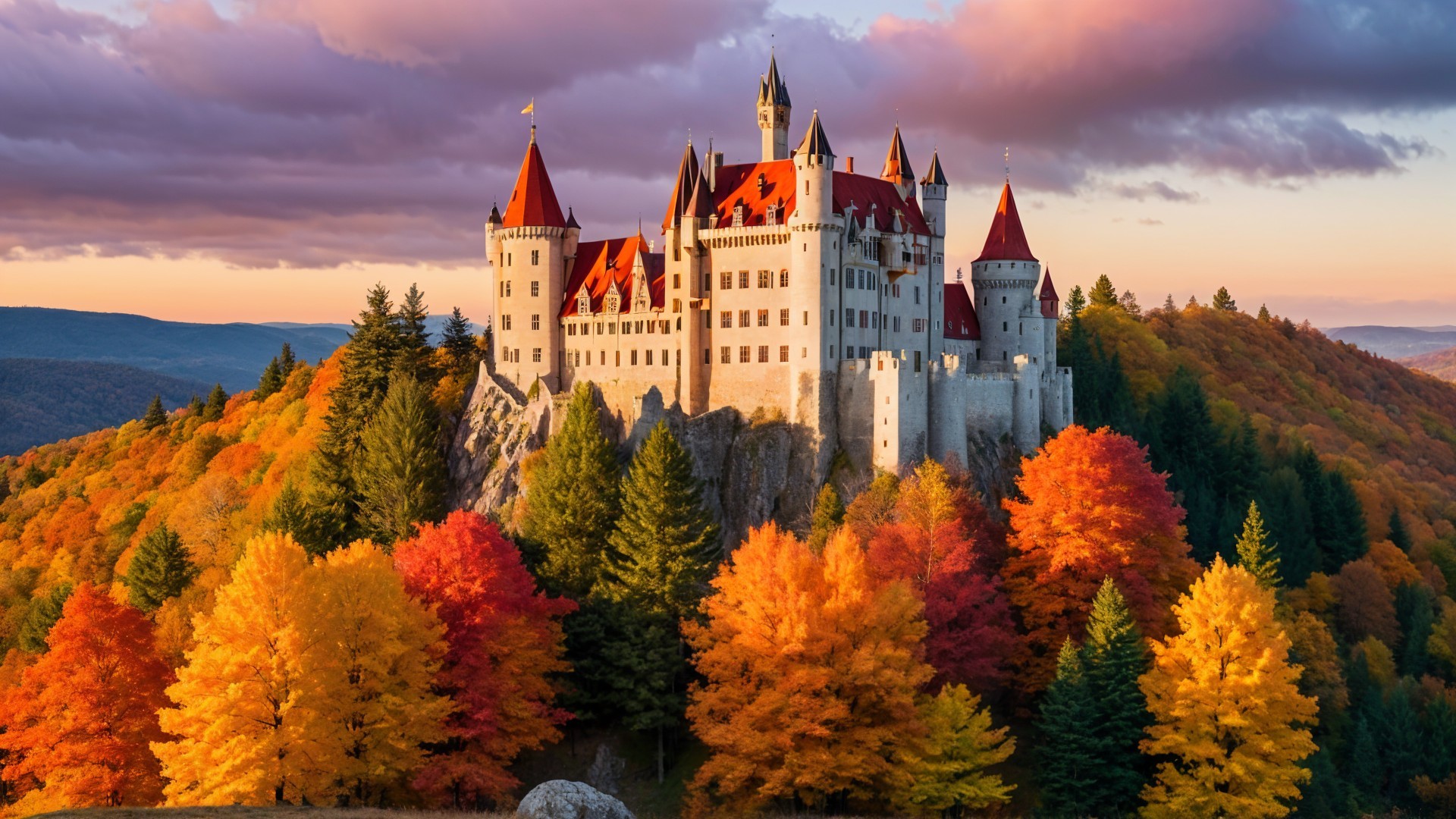 Castle on Rocky Outcrop Amidst Autumn Foliage