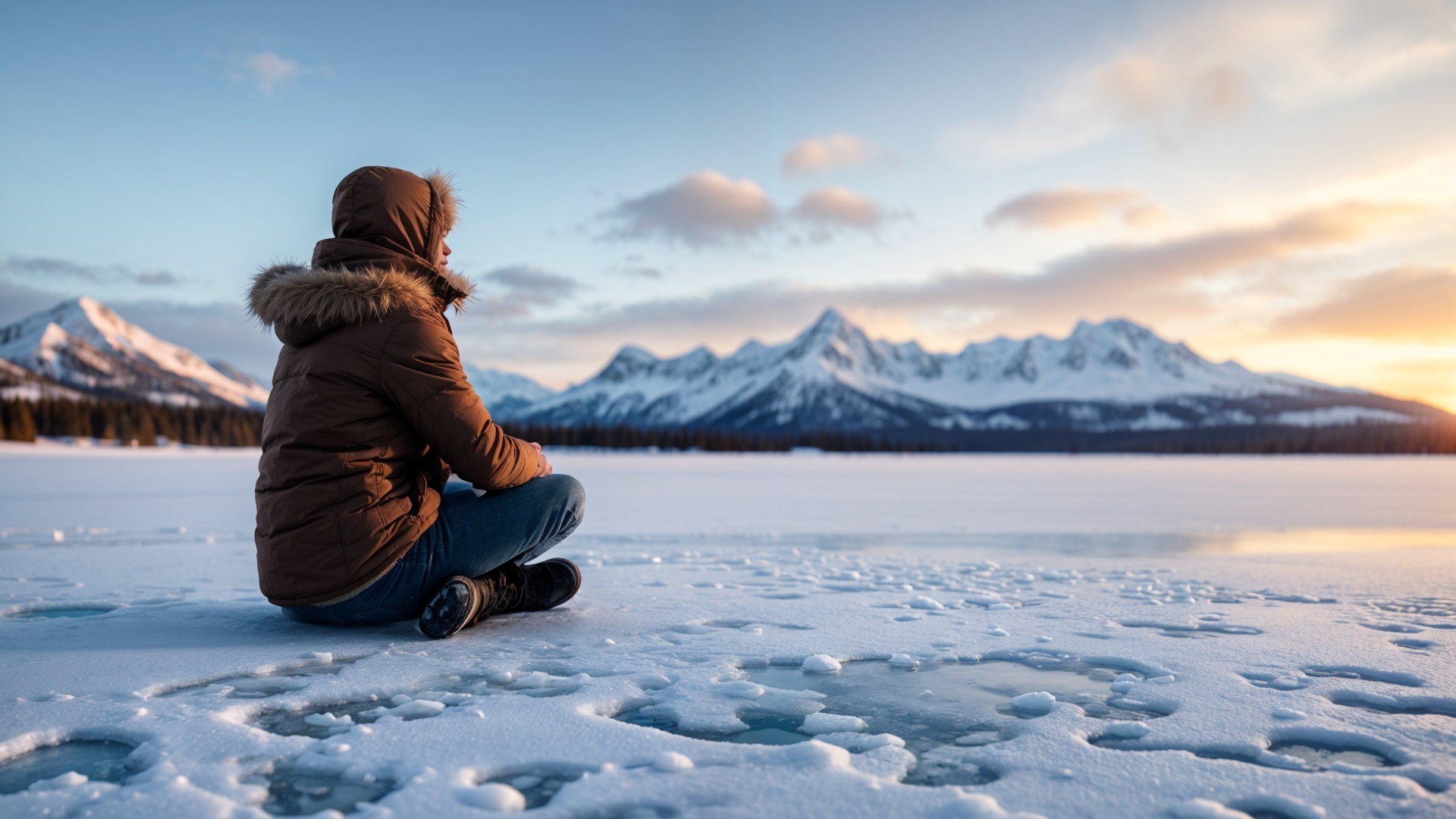 Person on Frozen Lake Amid Snow-Capped Mountains