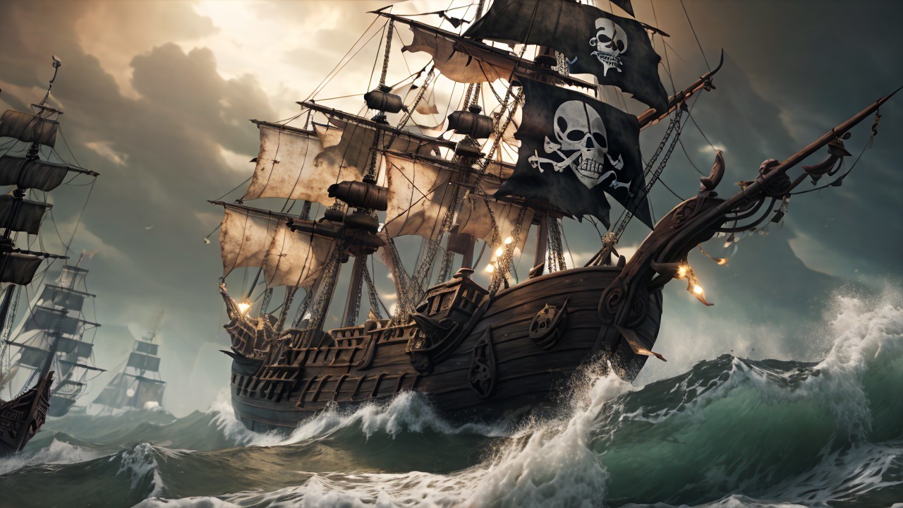 Majestic pirate ship in turbulent seas with black sails