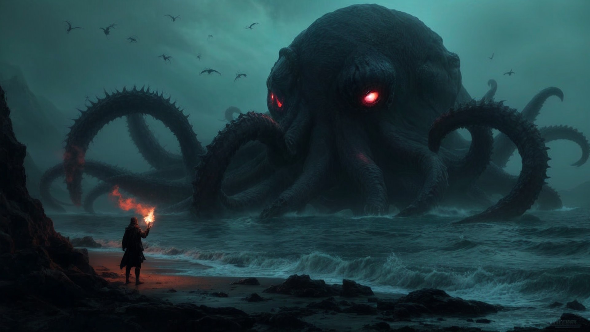 Ominous Octopus Creature Overlooks Turbulent Ocean Waves