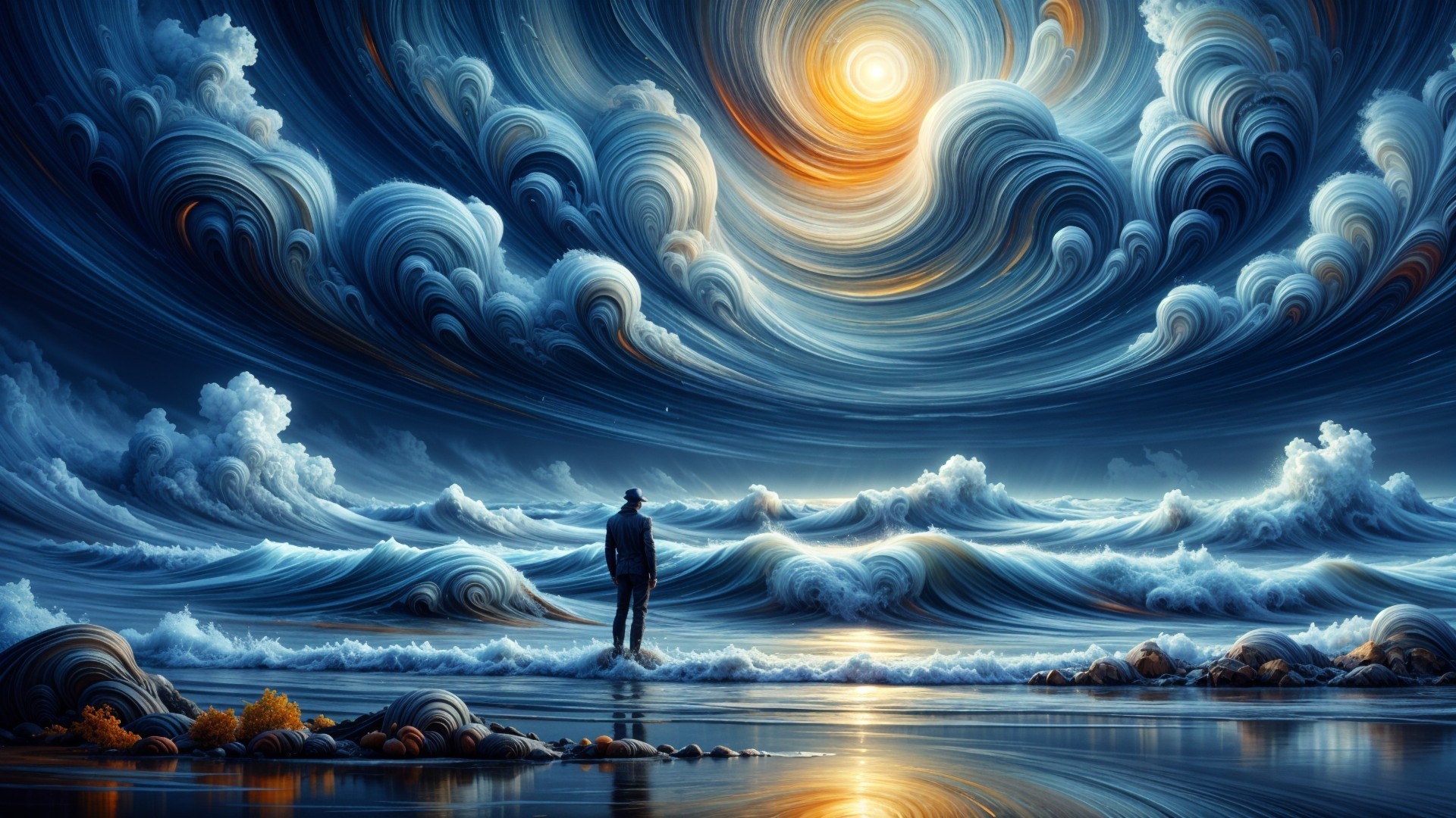 Lone Figure at Tranquil Shoreline with Dramatic Sky