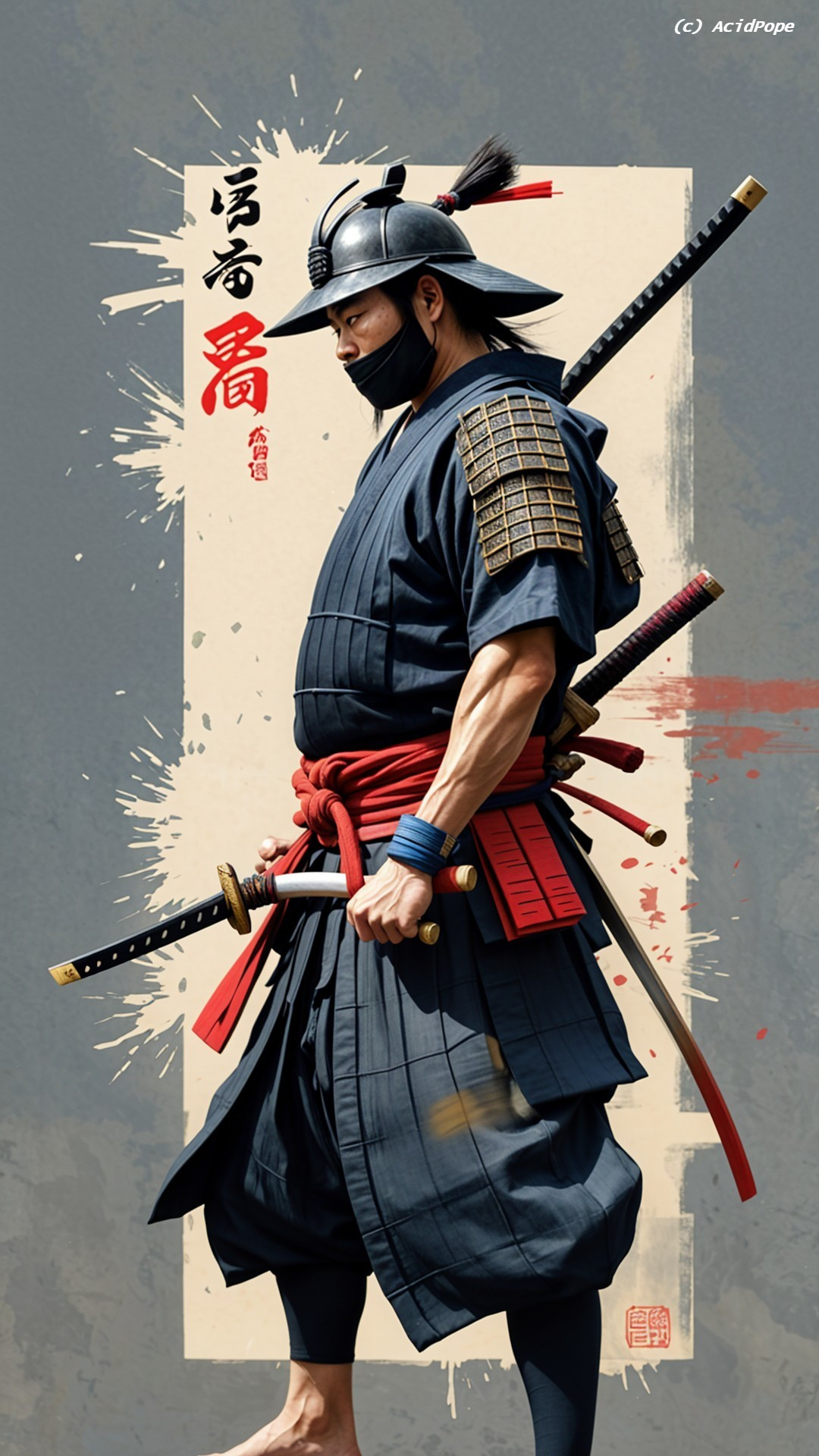 Fierce Samurai in Dark Armor with Red Sash and Katana