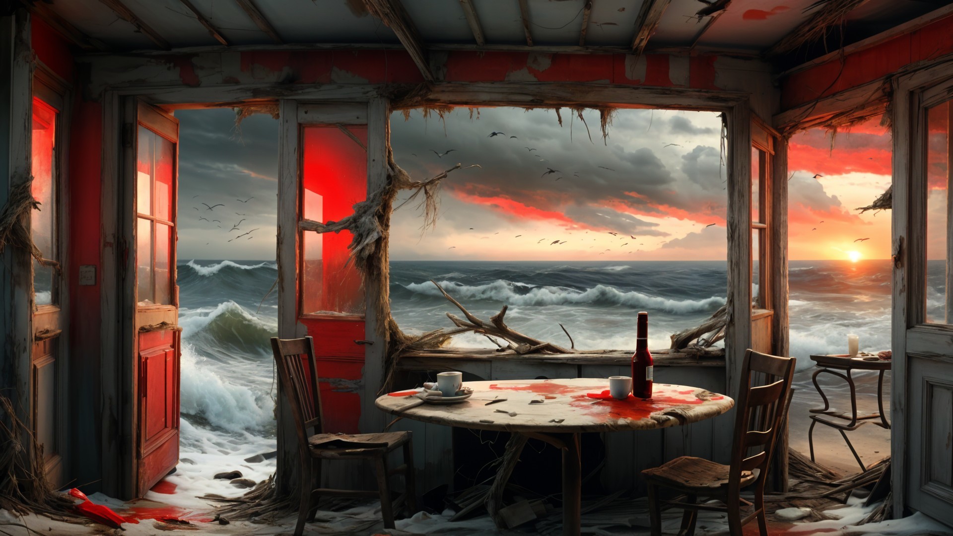 Dilapidated Room Overlooking Dramatic Sunset Seascape