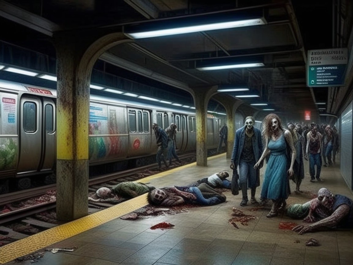 Dimly Lit Subway Station with Zombie Figures