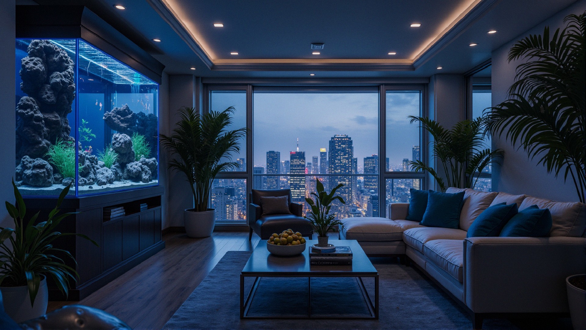 Modern Living Room with Large Aquarium and City View
