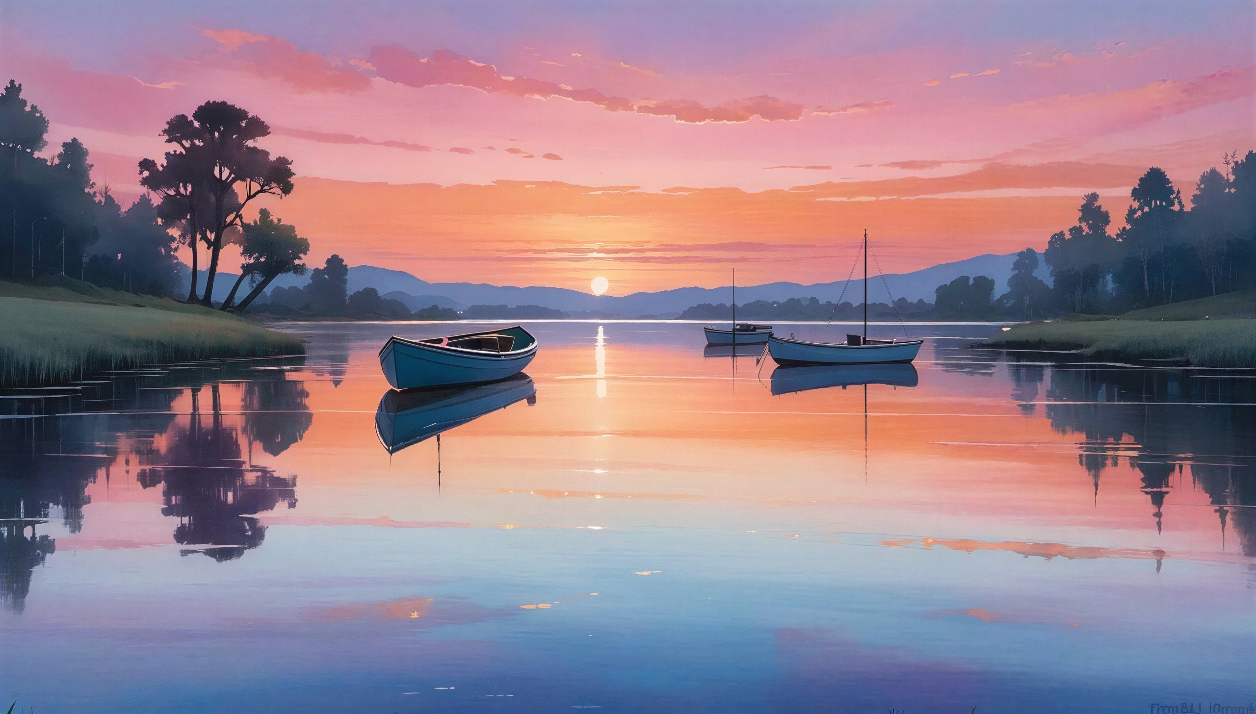 Serene River Sunset with Colorful Sky and Boats