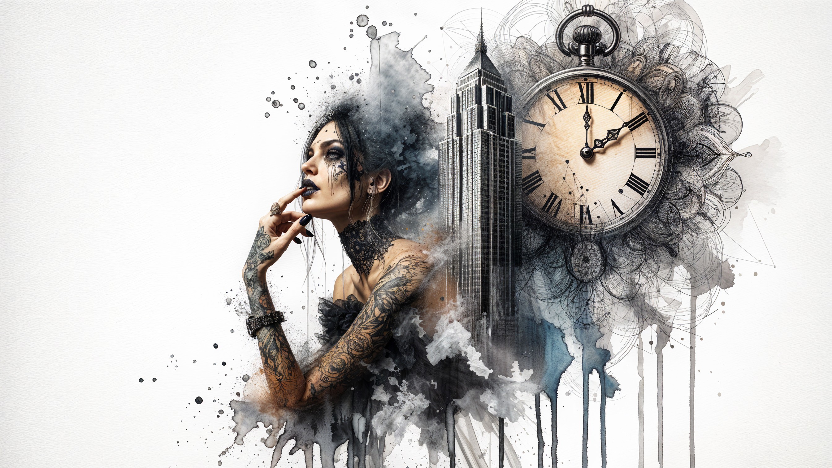 Woman with Tattoos Next to Clock and Skyscraper