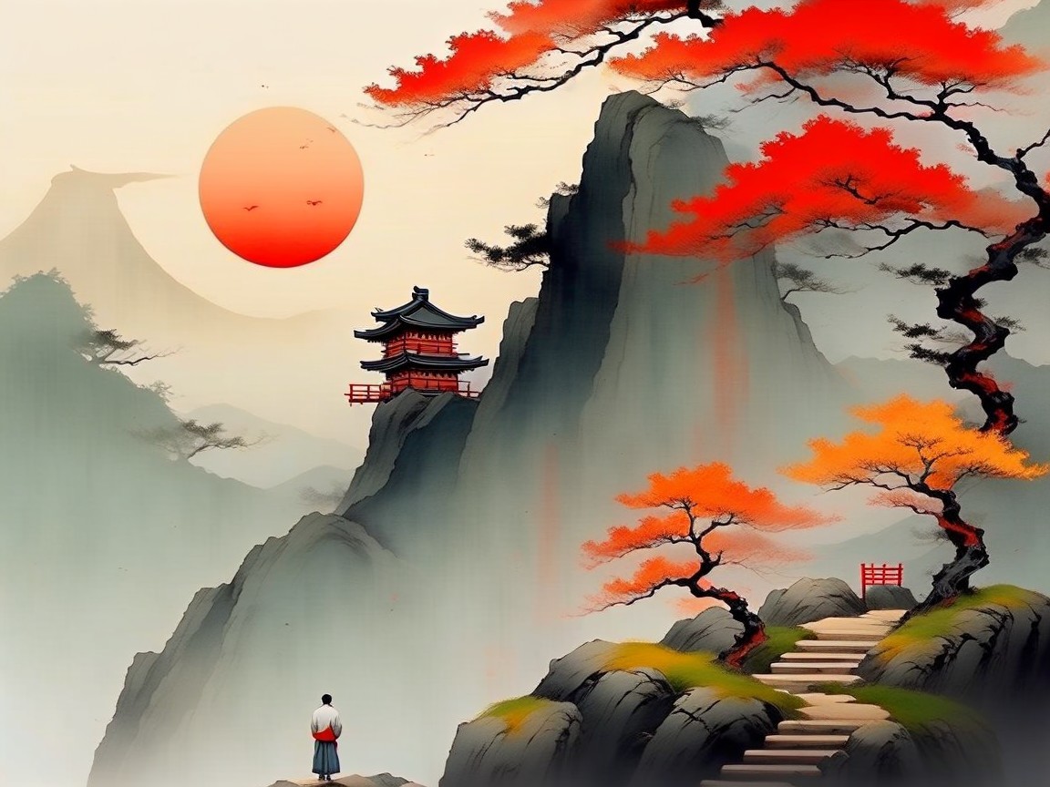 Serene landscape with mountains and red sunset