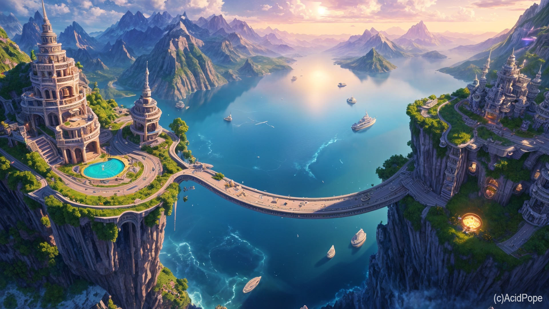 Fantasy Landscape with Spires, Palaces, and Waterways