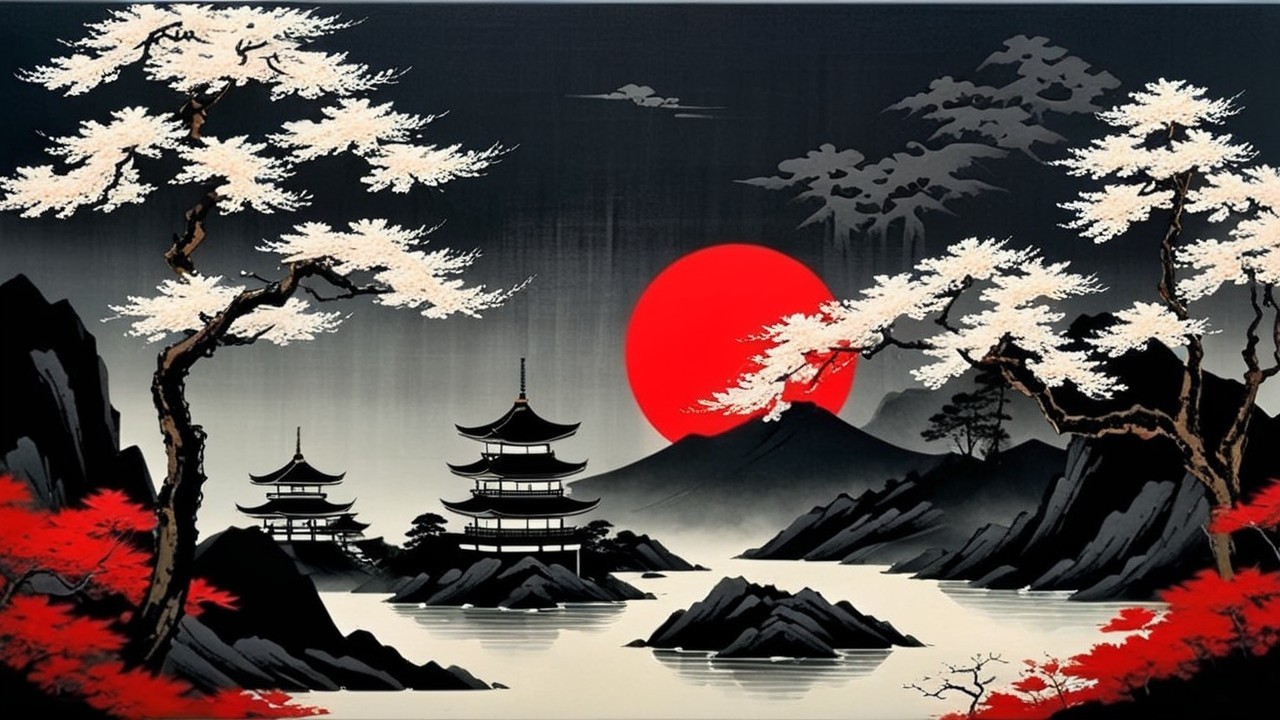 Serene Japanese Landscape at Dusk with Cherry Blossoms