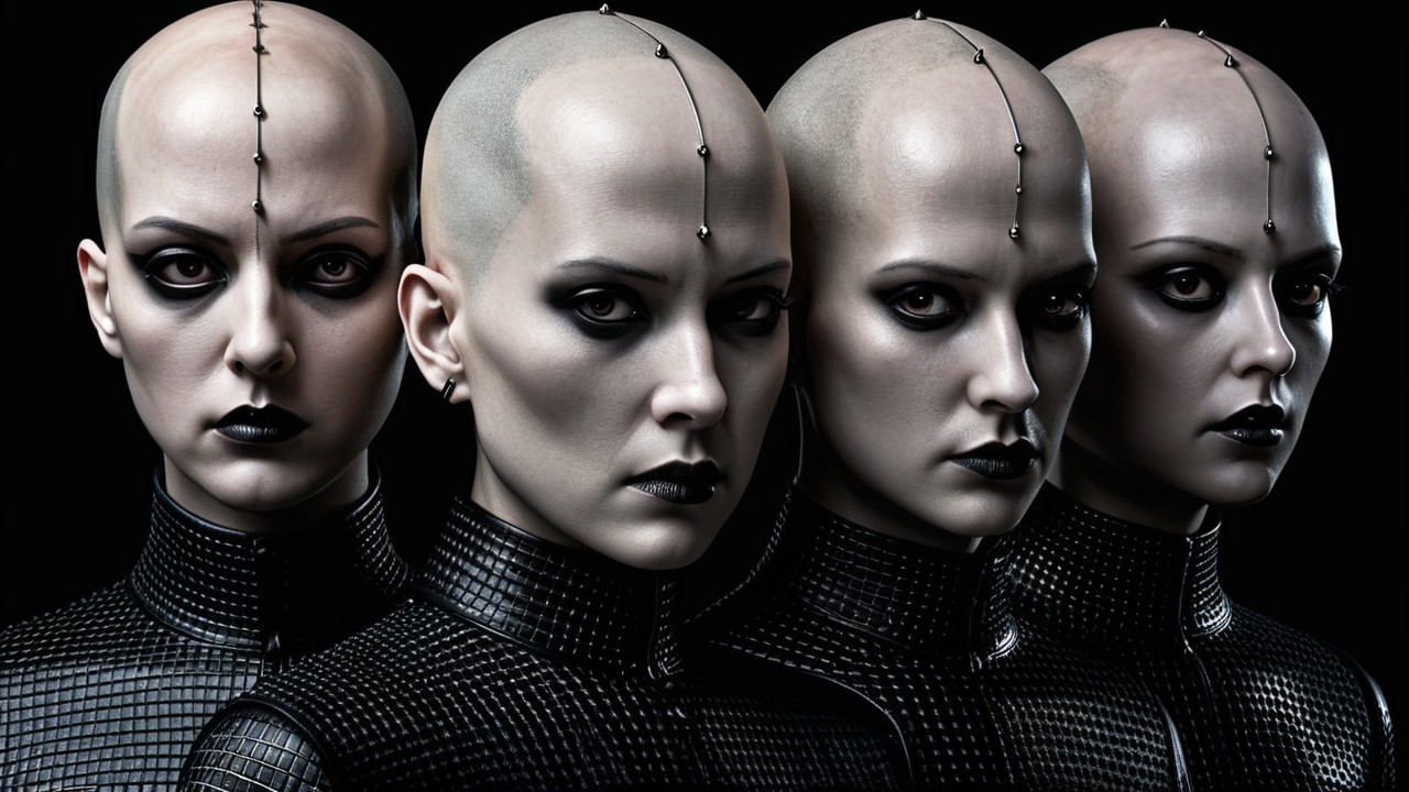 Identical Female Figures in Dark Makeup and Piercings