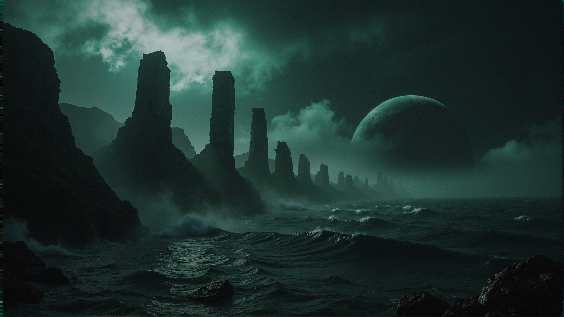 Dark Atmospheric Landscape with Towering Rock Formations