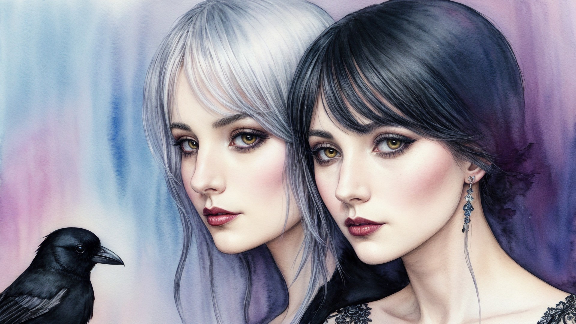 Ethereal Women with Green Eyes and Black Crow