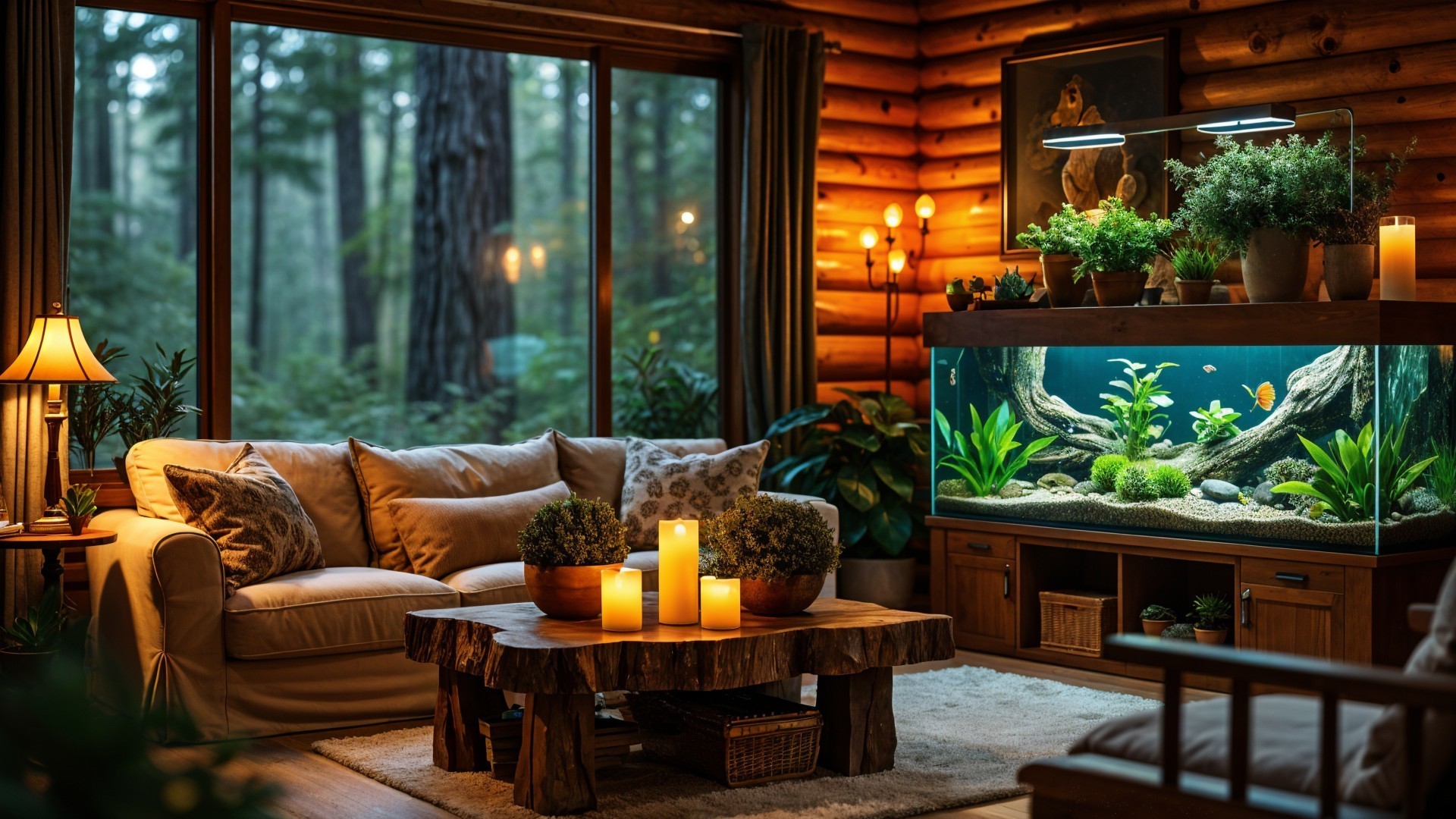 Cozy Rustic Living Room with Aquarium and Forest View