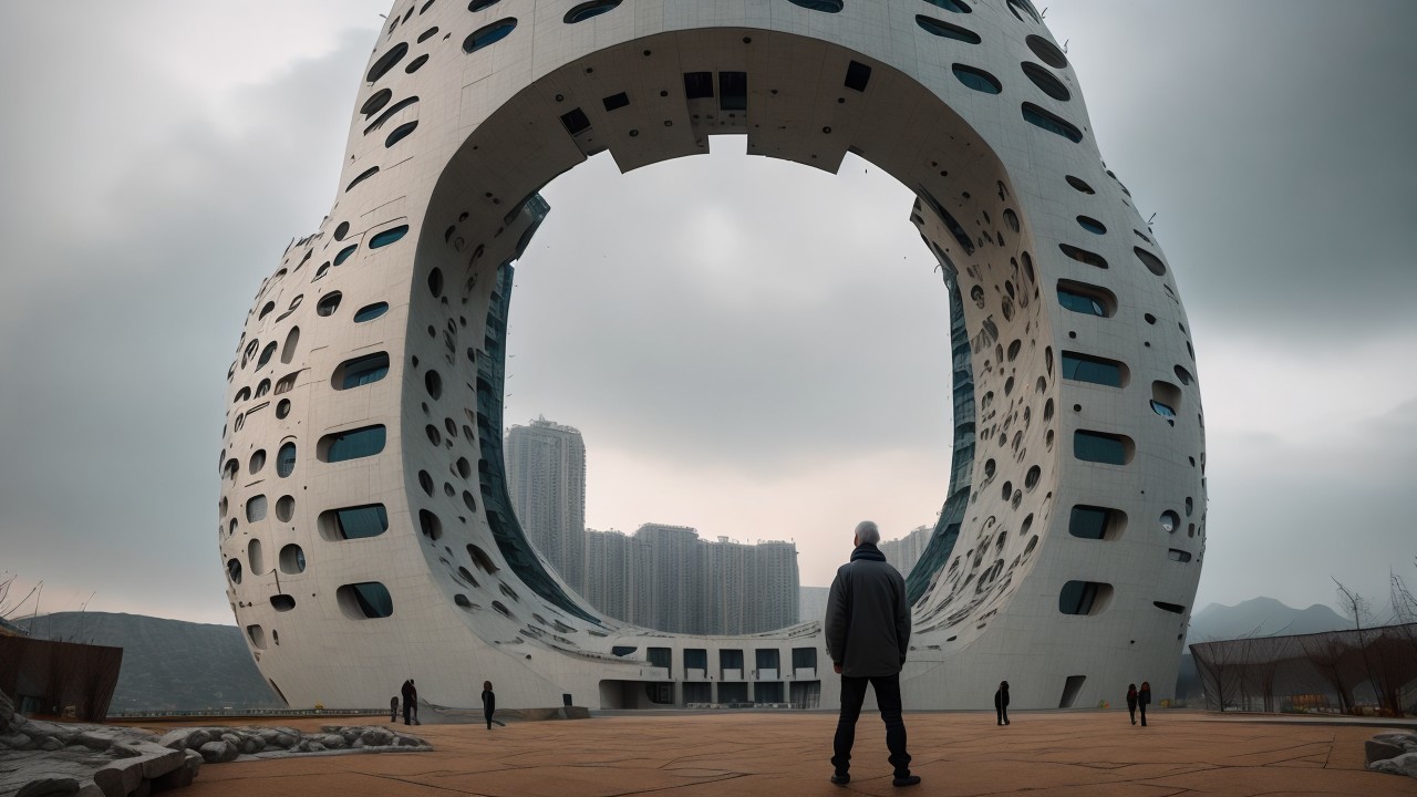 Futuristic building with circular opening and urban backdrop