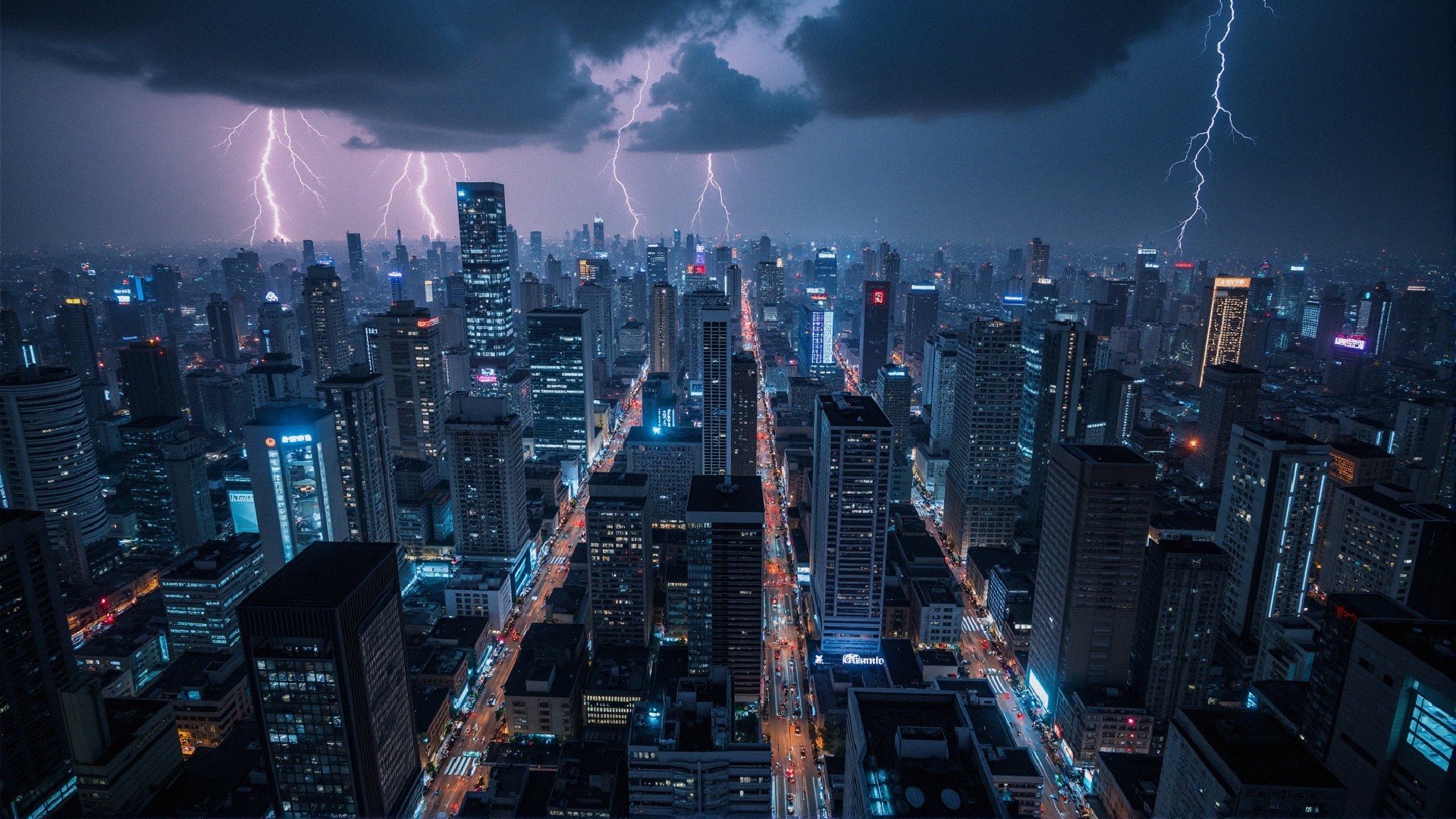 Cityscape at Night with Stormy Sky and Lightning
