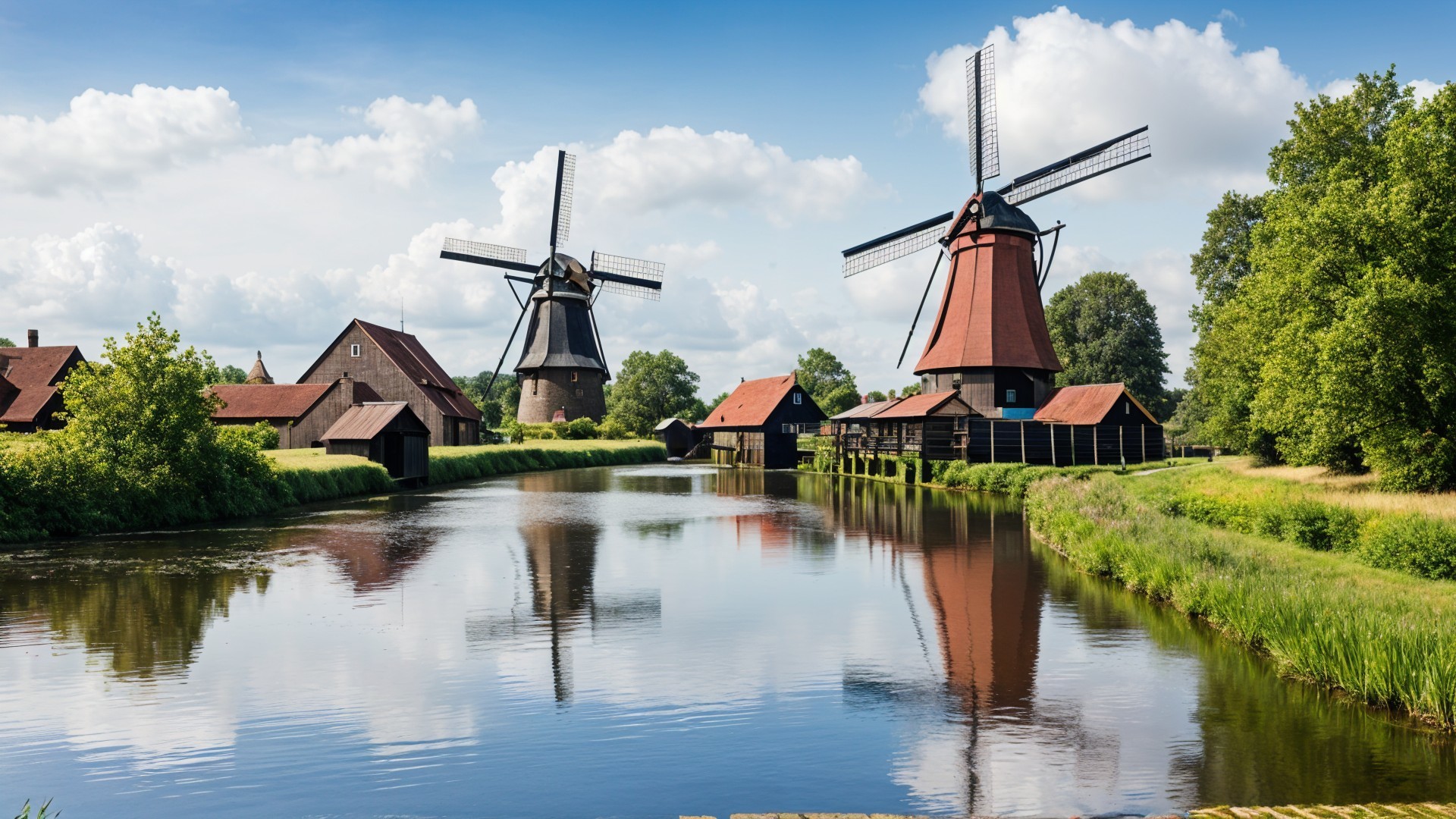 Traditional Windmills by a Tranquil River Landscape