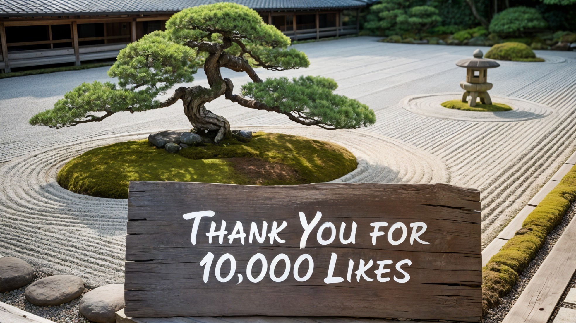 Serene Japanese garden with bonsai and rustic sign