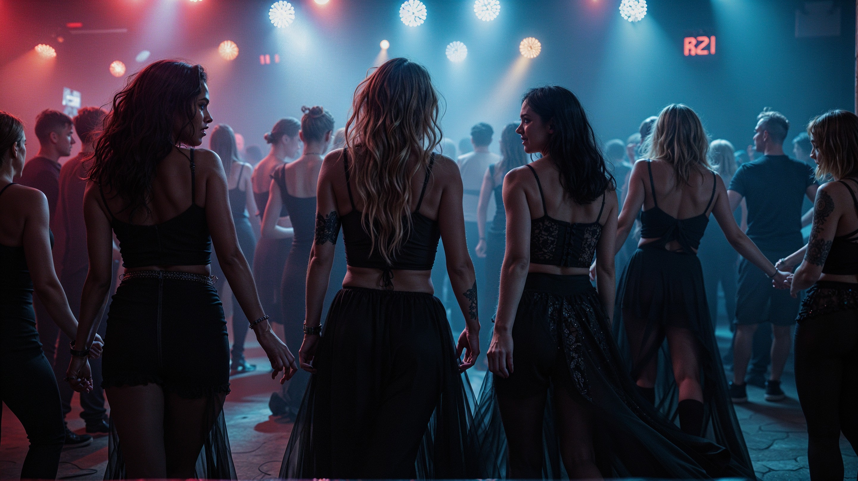 Vibrant Nightclub Scene with Dancers in Stylish Outfits