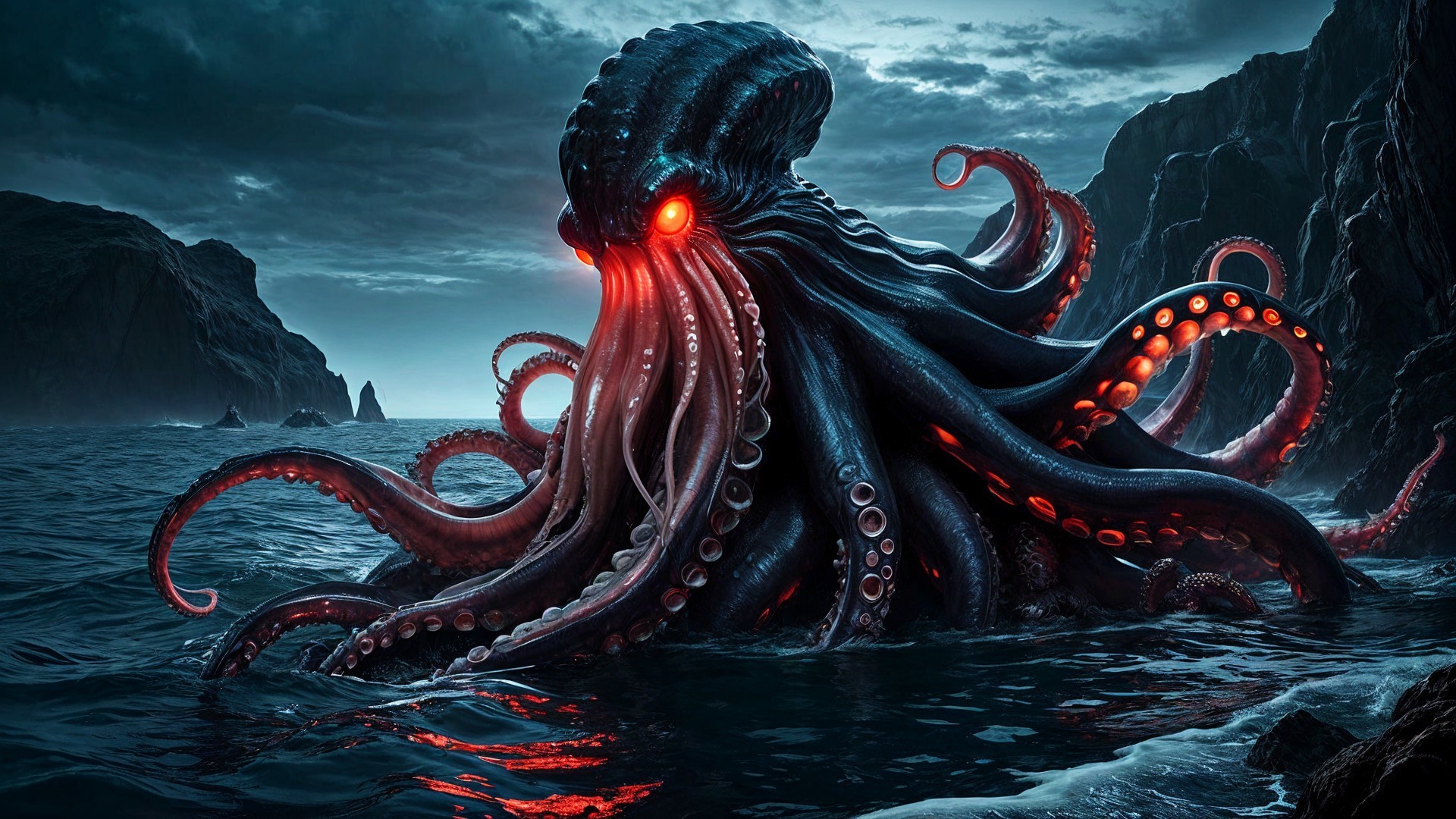 Dark Octopus-like Creature Emerges from Stormy Ocean