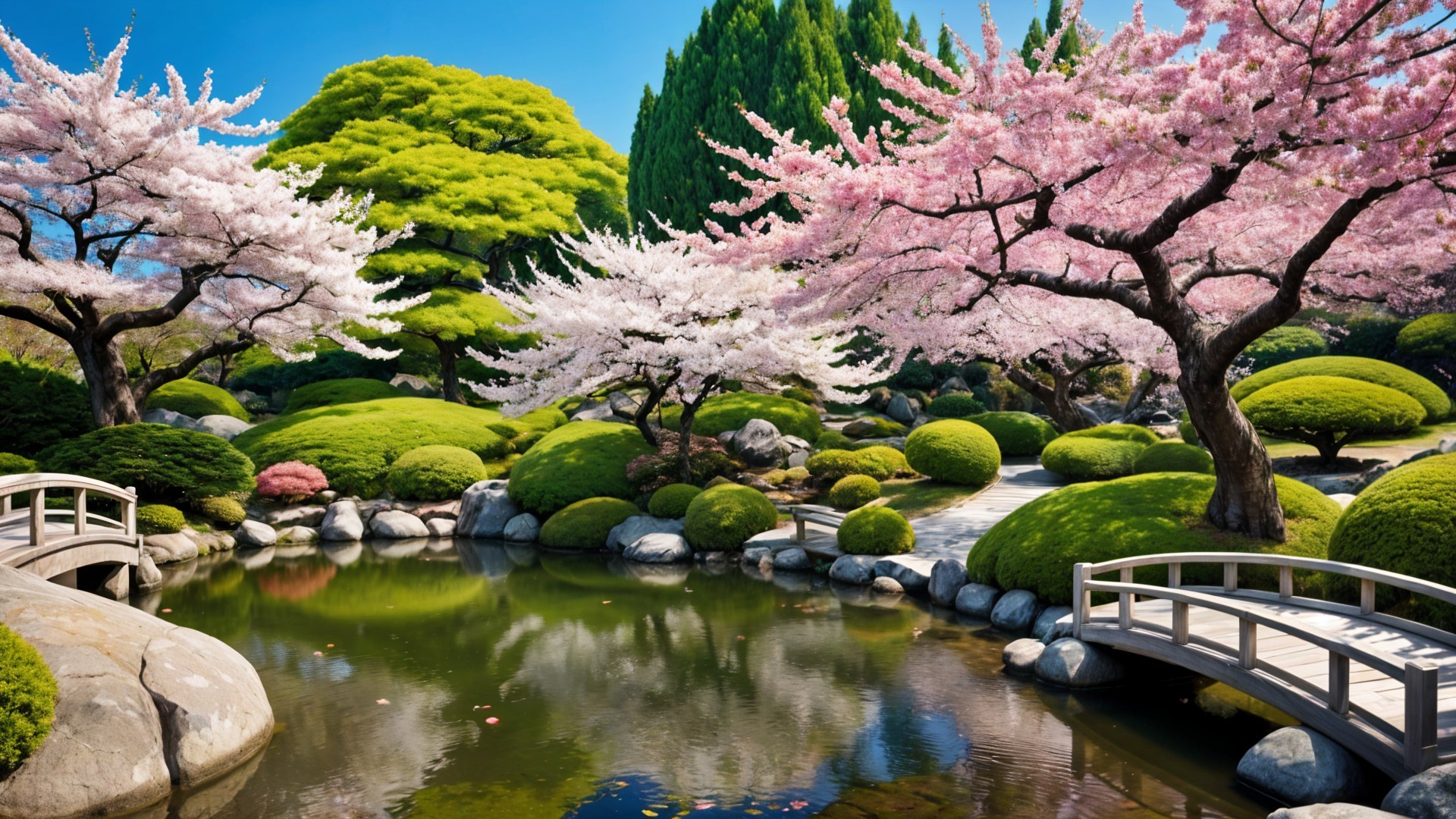 Vibrant Cherry Blossom Garden with Pond and Bridge