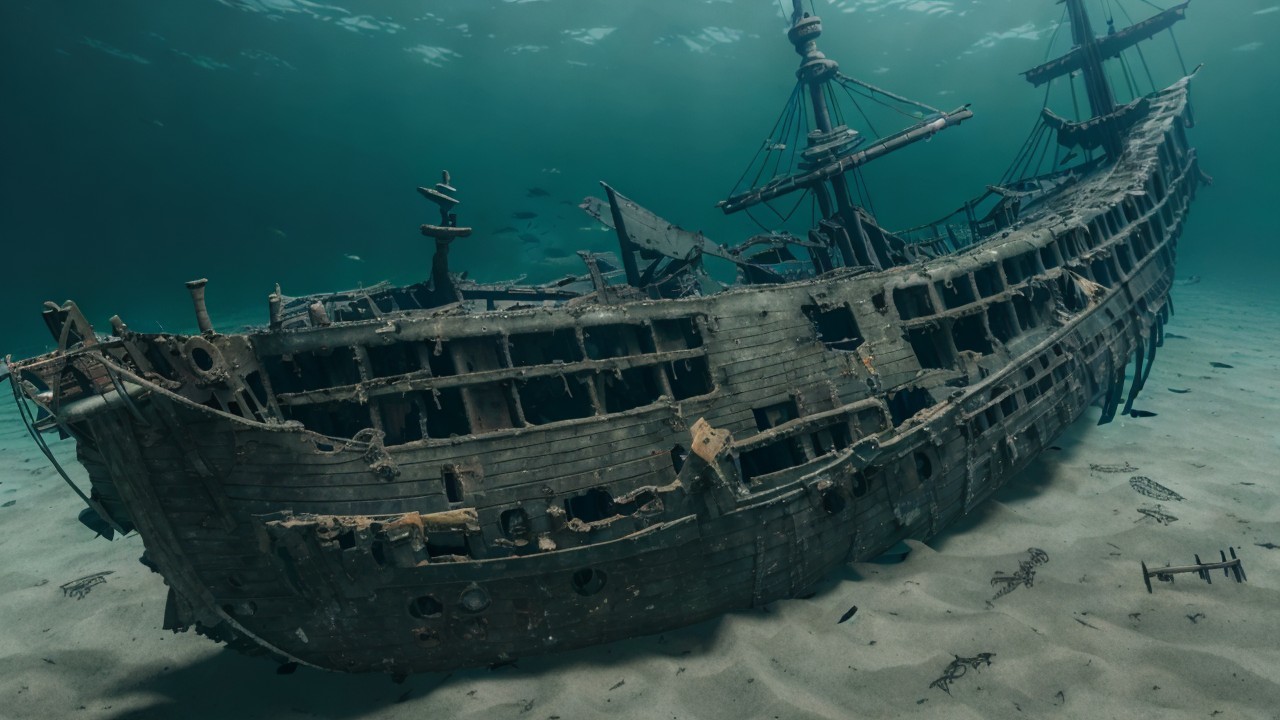 Eerie Shipwreck on Ocean Floor Surrounded by Fish