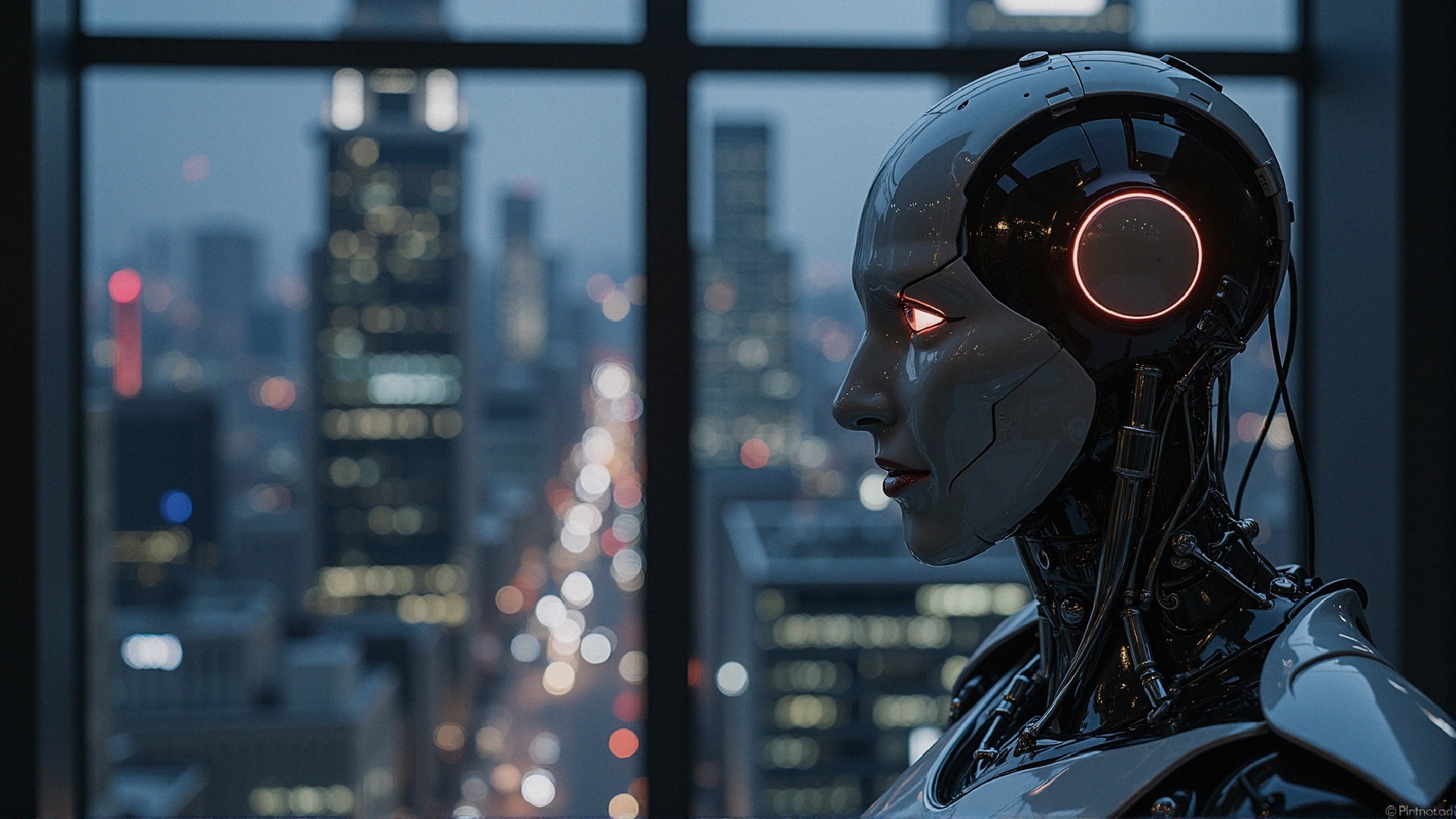 Futuristic Robot Overlooking City Skyline at Dusk