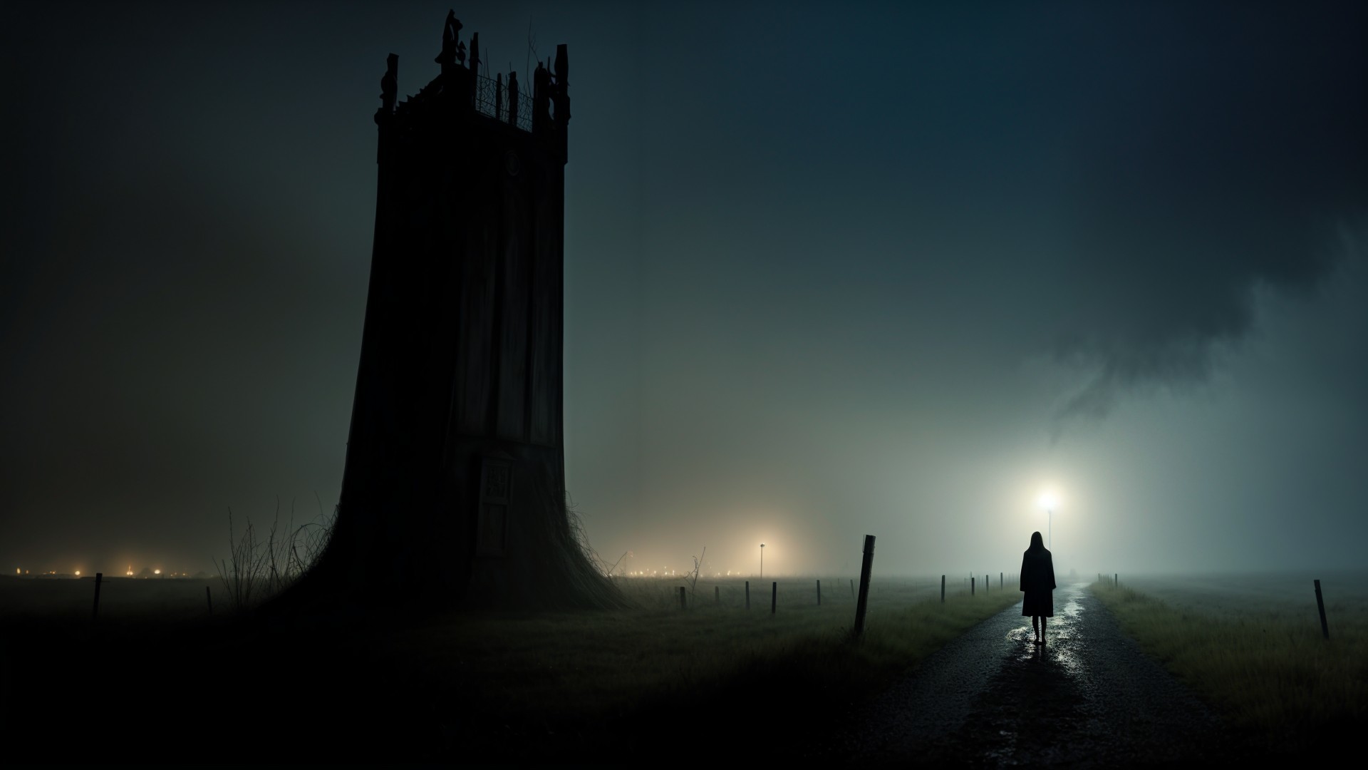 Solitary Figure on Foggy Road with Towering Structure