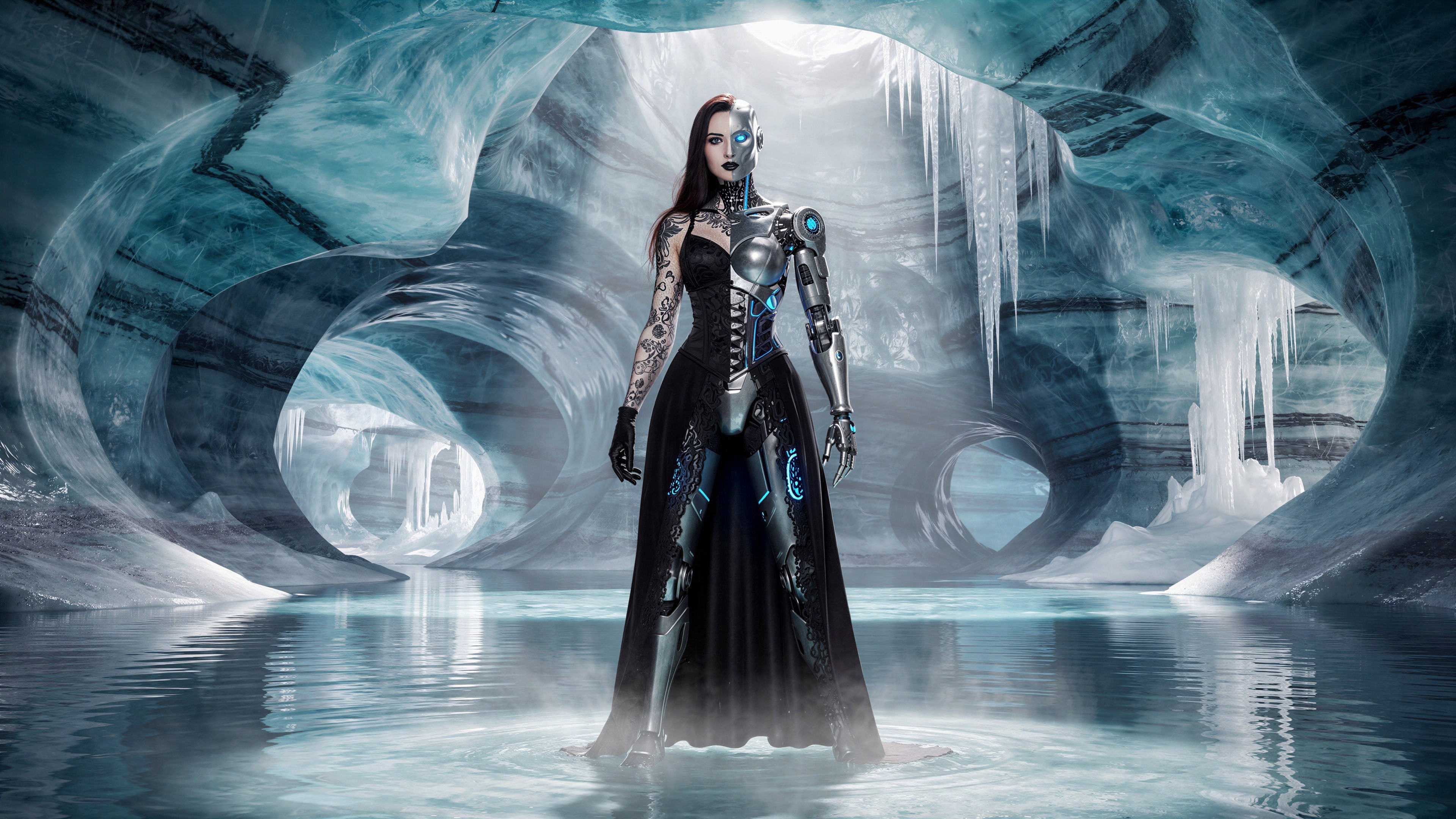 Cyborg Woman in Fantastical Ice Cave Setting