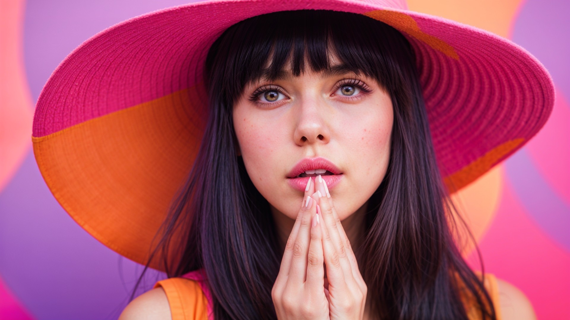 Young woman with hat against colorful backdrop